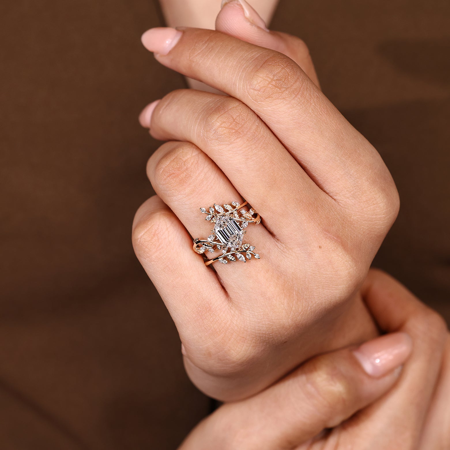 Hexagon step cut diamond ring with wrap guard wedding band
