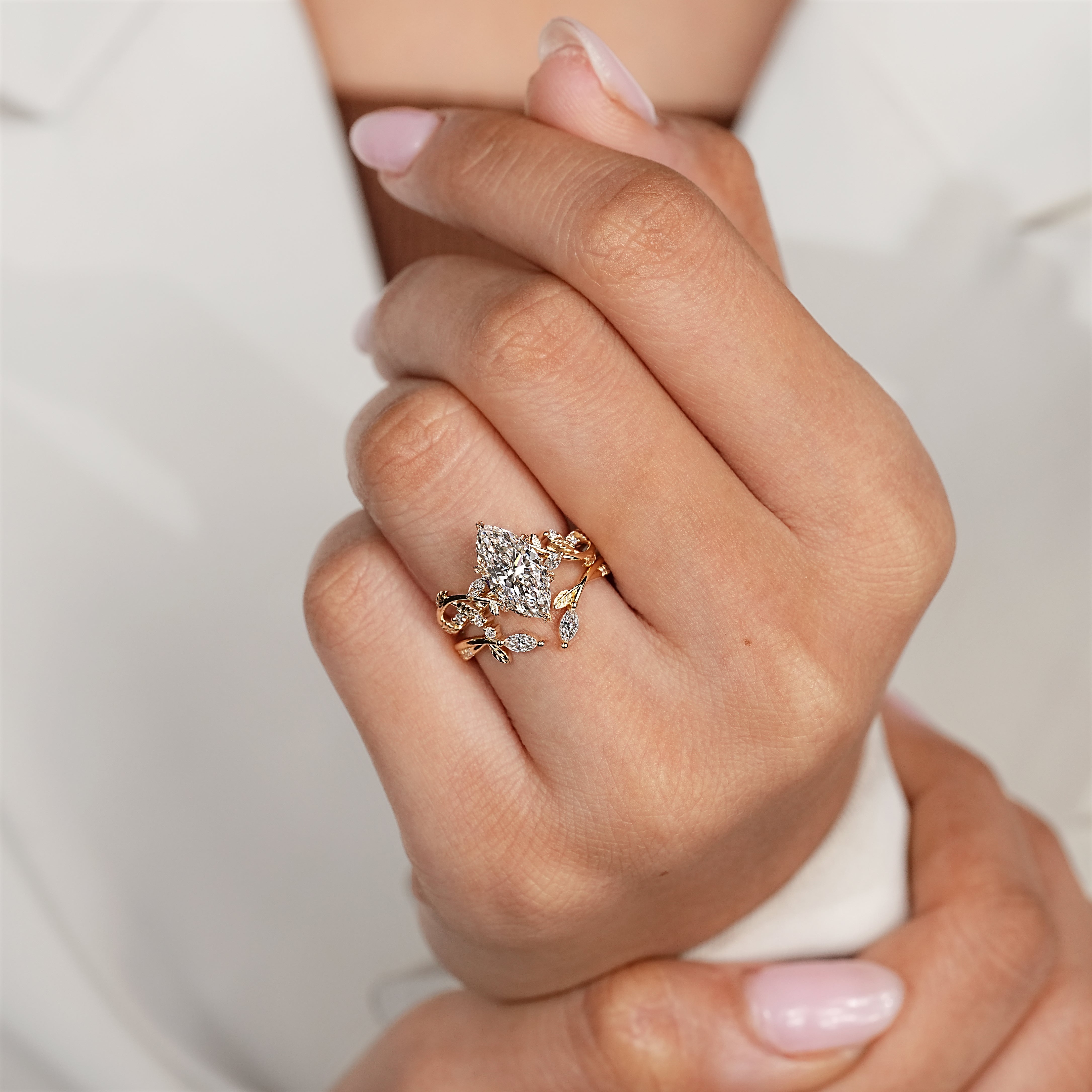 Open gap wedding band with marquise and round diamond
