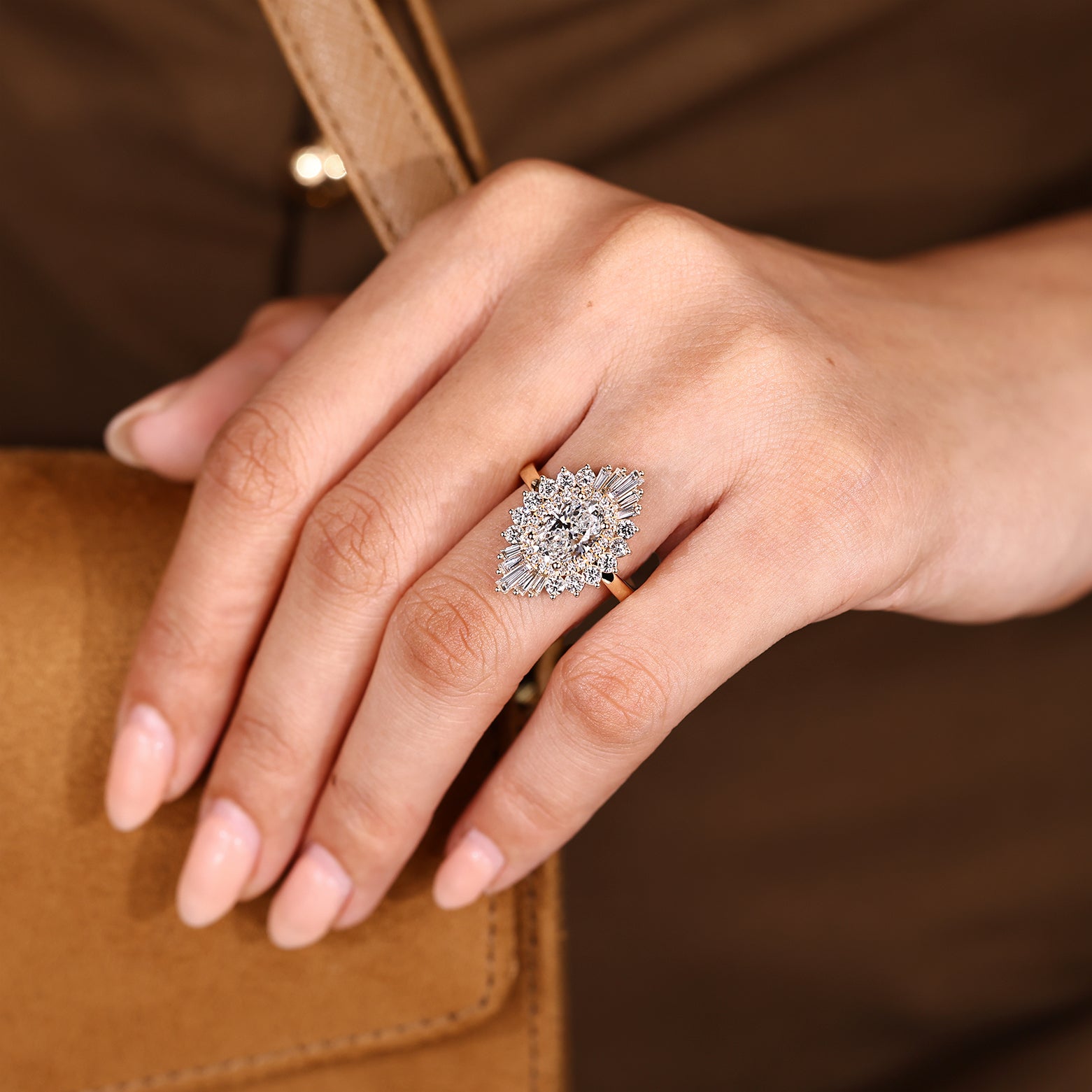 Oval cut lab diamond ring with double halo setting
