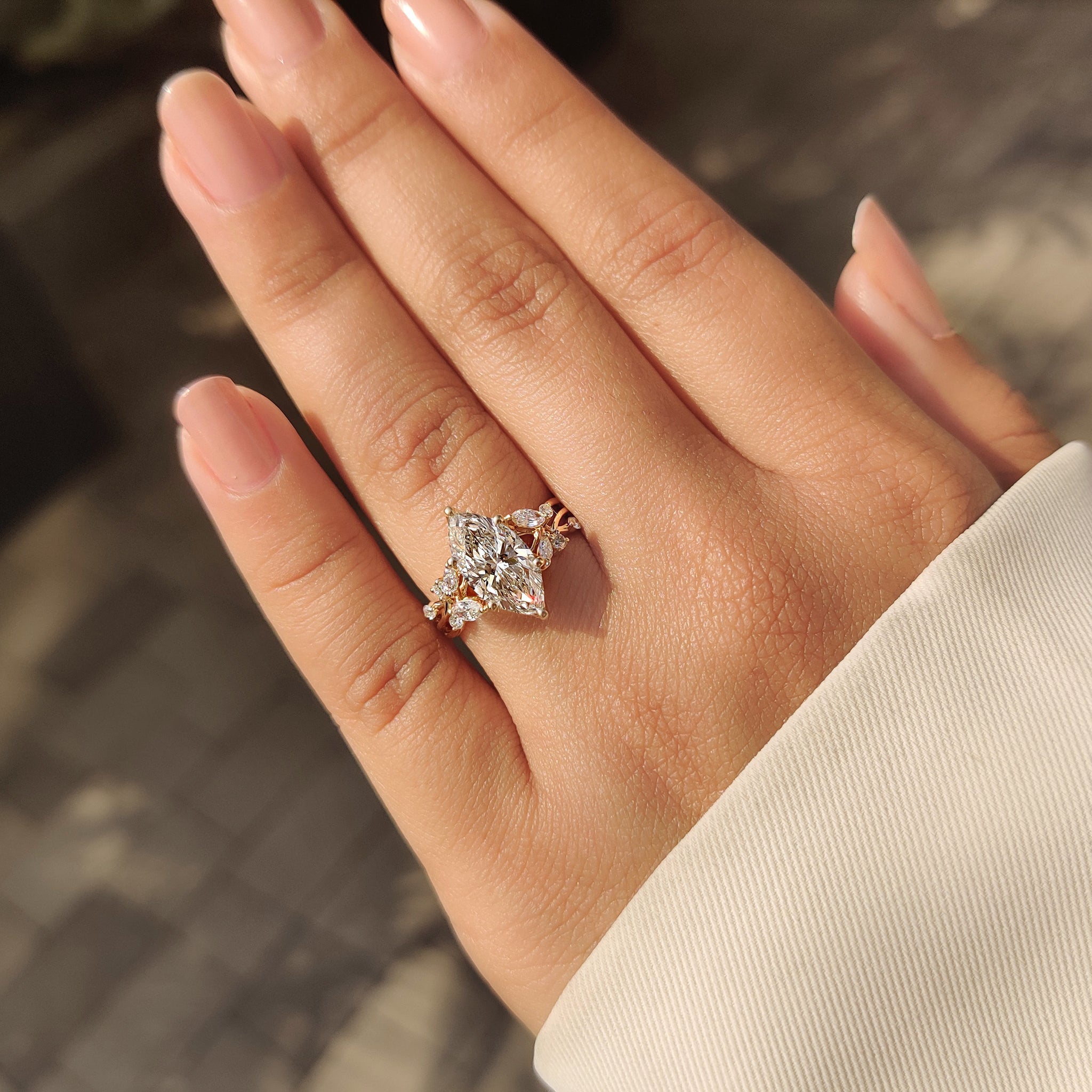 Marquise Diamond Nature Inspired Engagement Ring in Tulip Setting