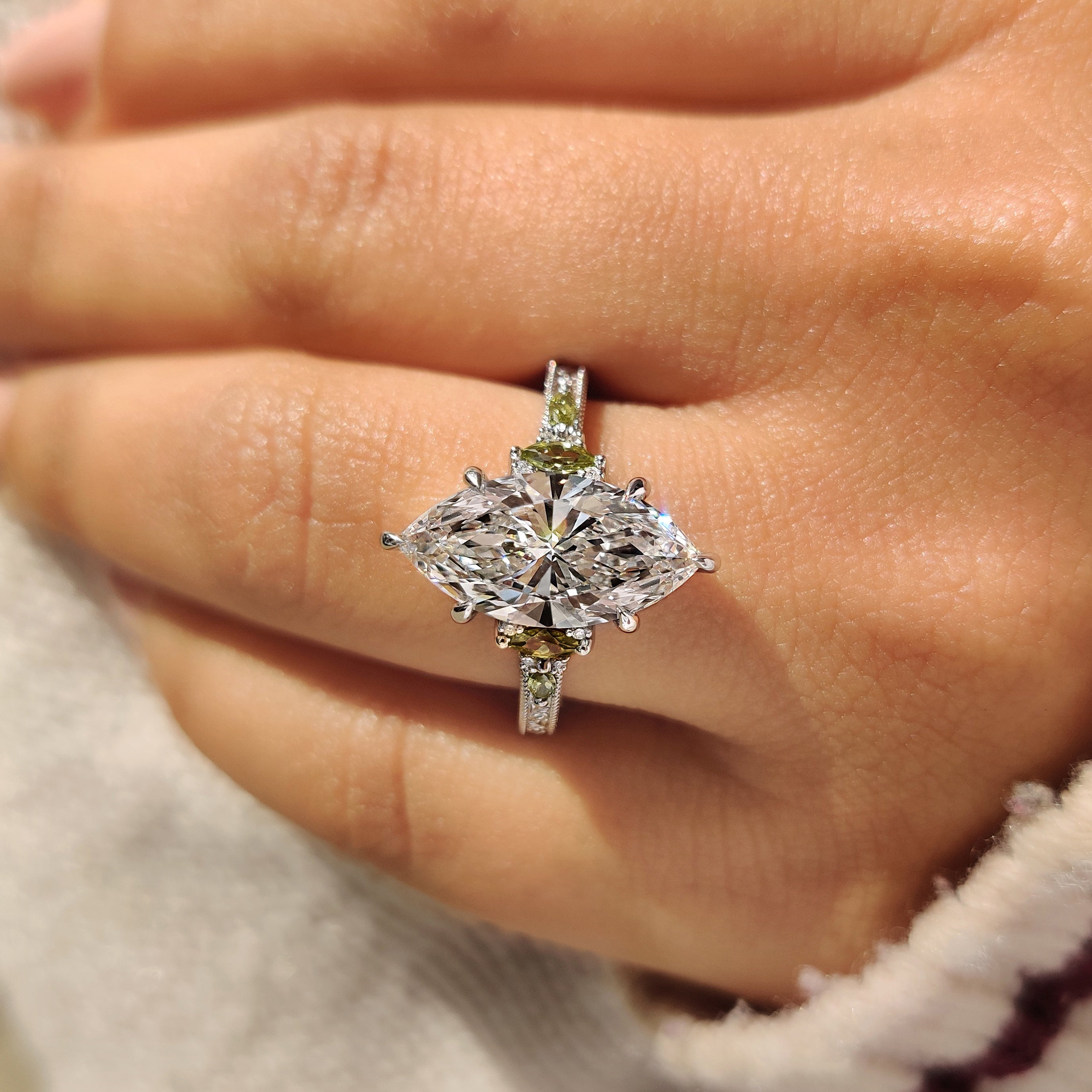 Art deco marquise ring with six claw prong setting
