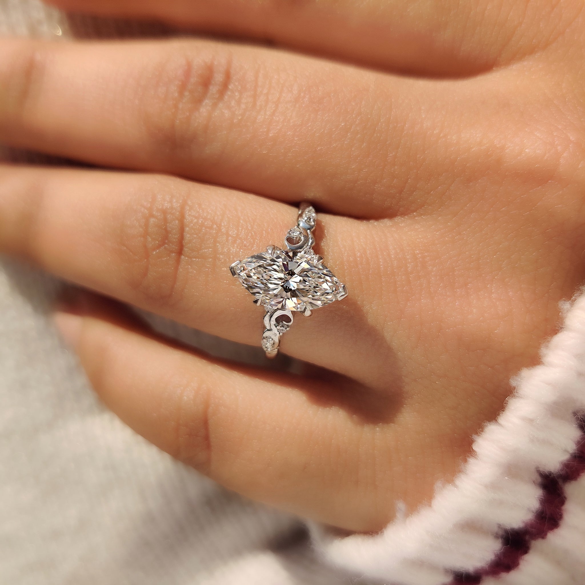 Lab grown marquise diamond ring with V shape prongs
