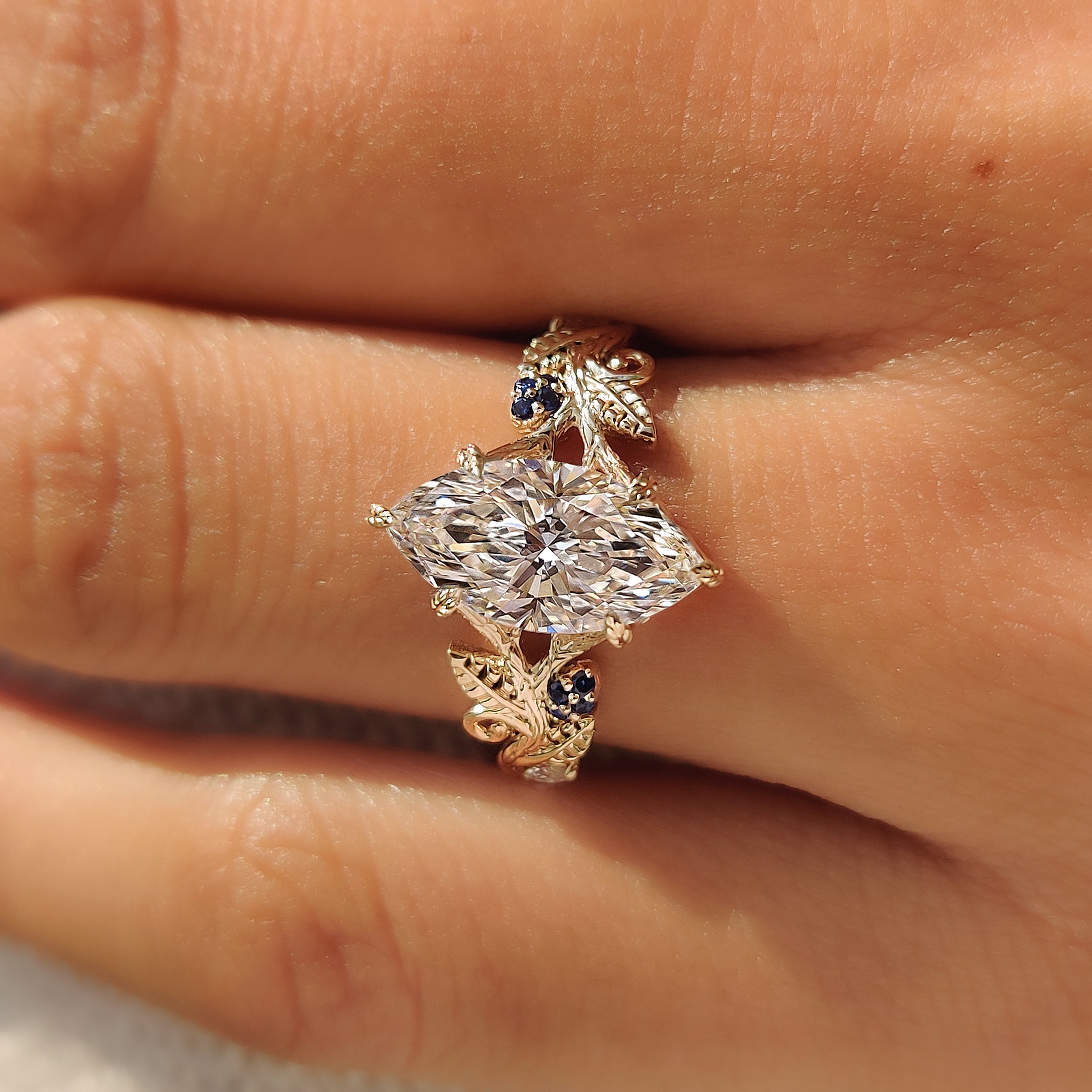 Leaf and Vine Split Shank Ring with 2CT Marquise Cut Diamond