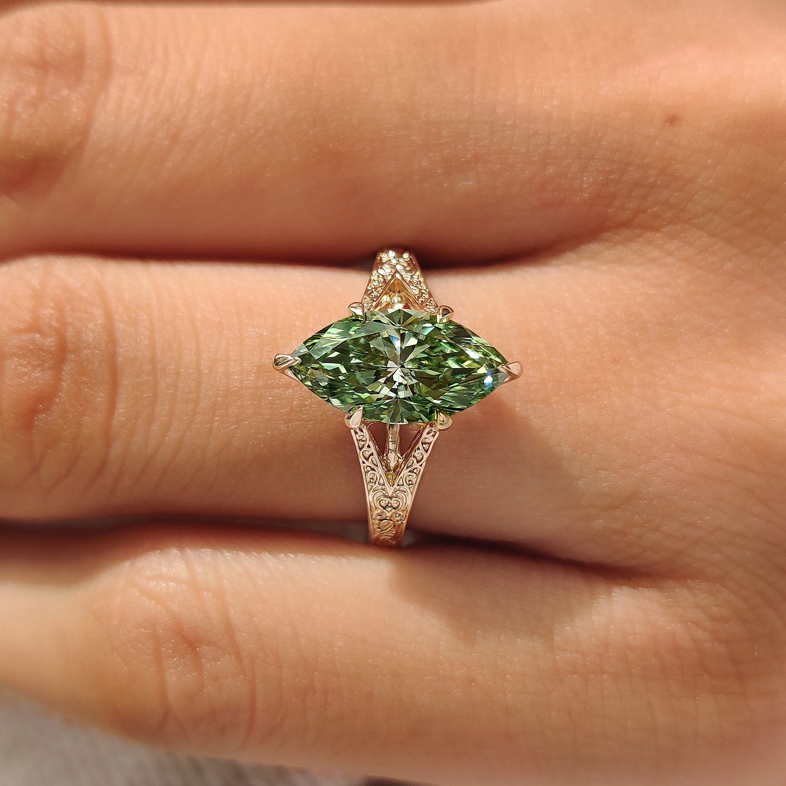 Green marquise lab grown diamond with split shank band