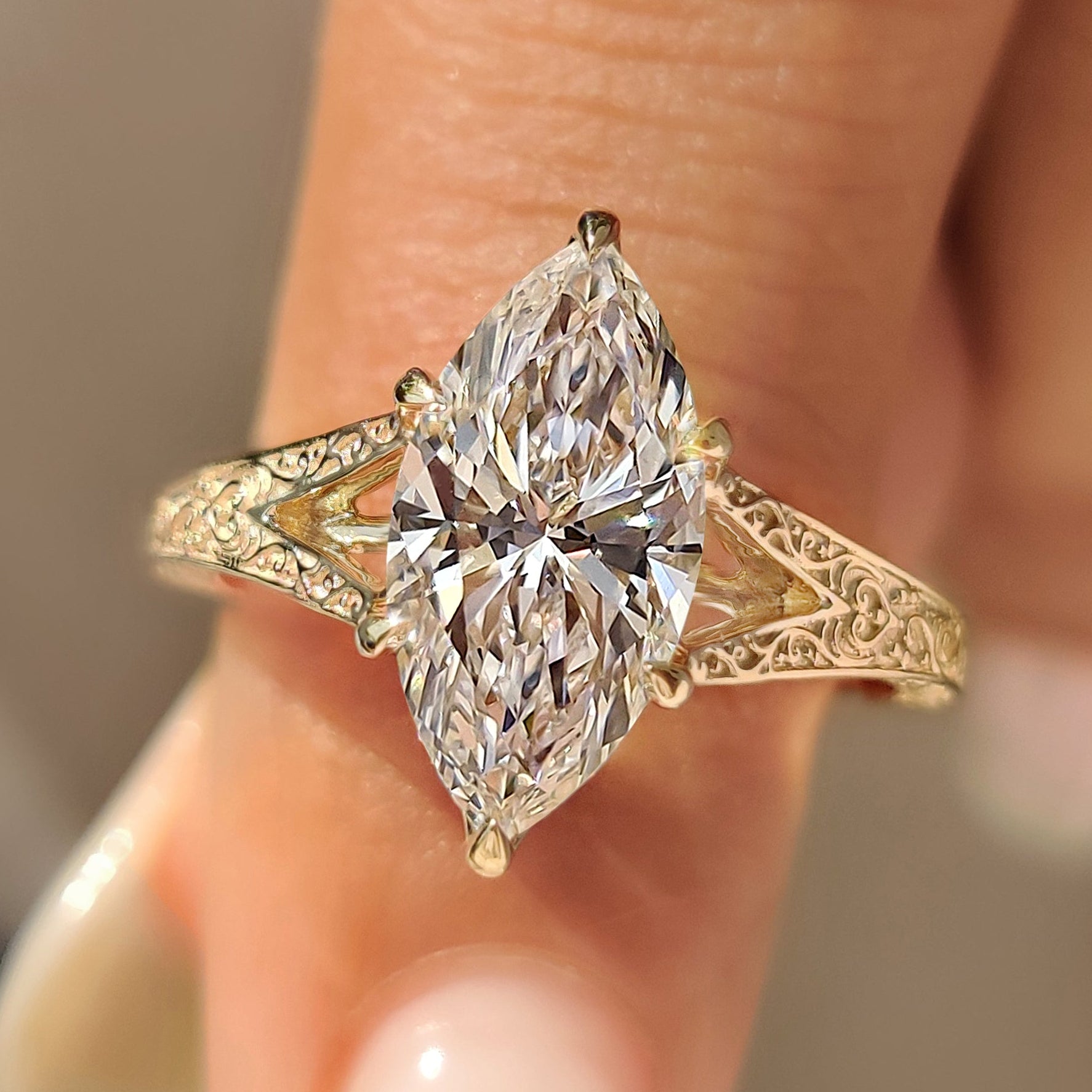 Vintage diamond ring with marquise diamond in solitaire style
