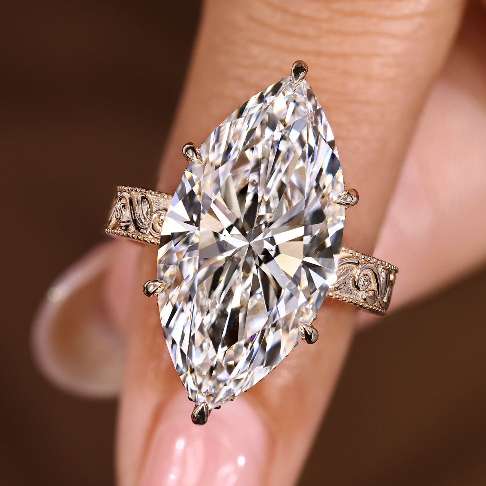 Marquise Diamond Ring with hidden halo style
