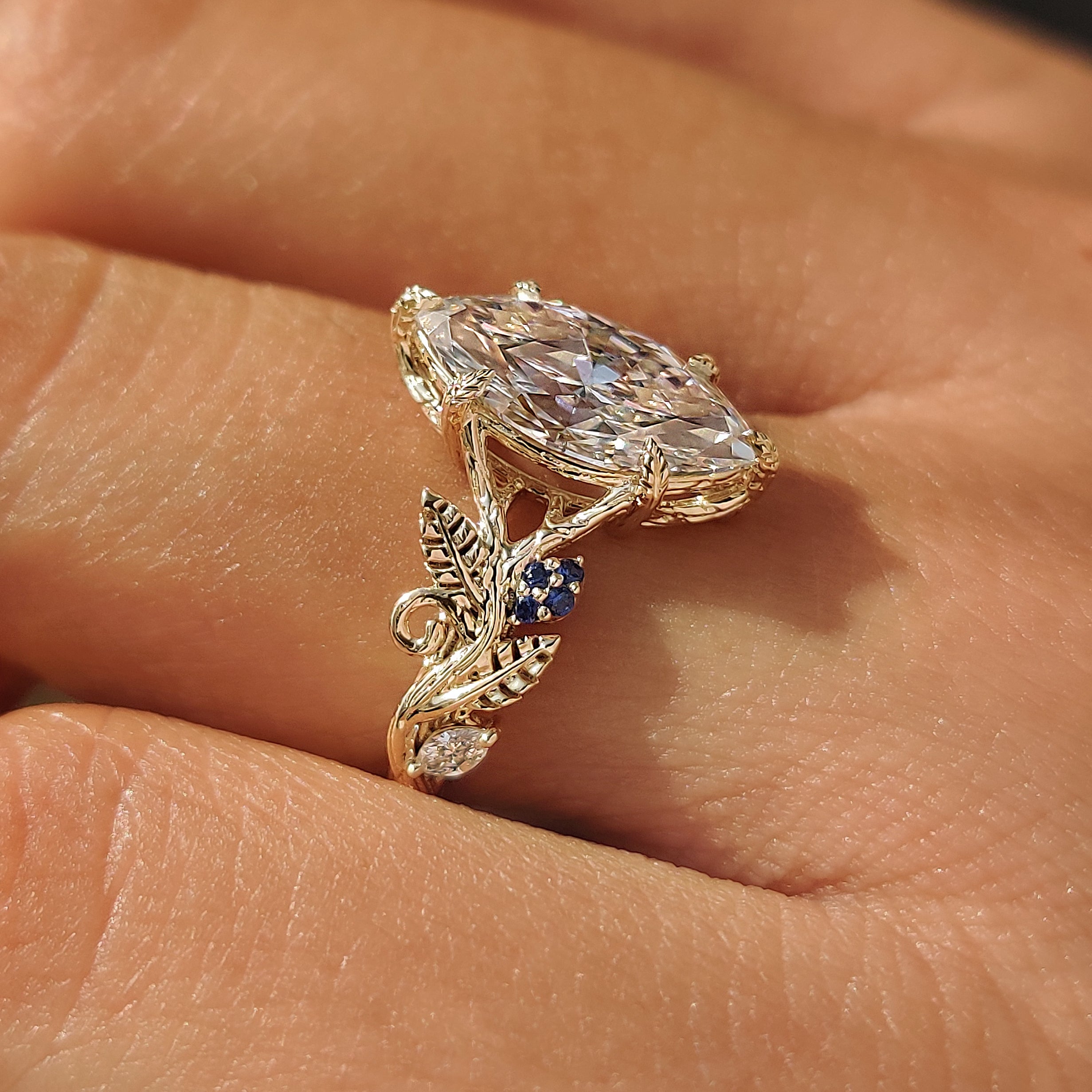 Leaf and Vine Split Shank Ring with 2CT Marquise Cut Diamond
