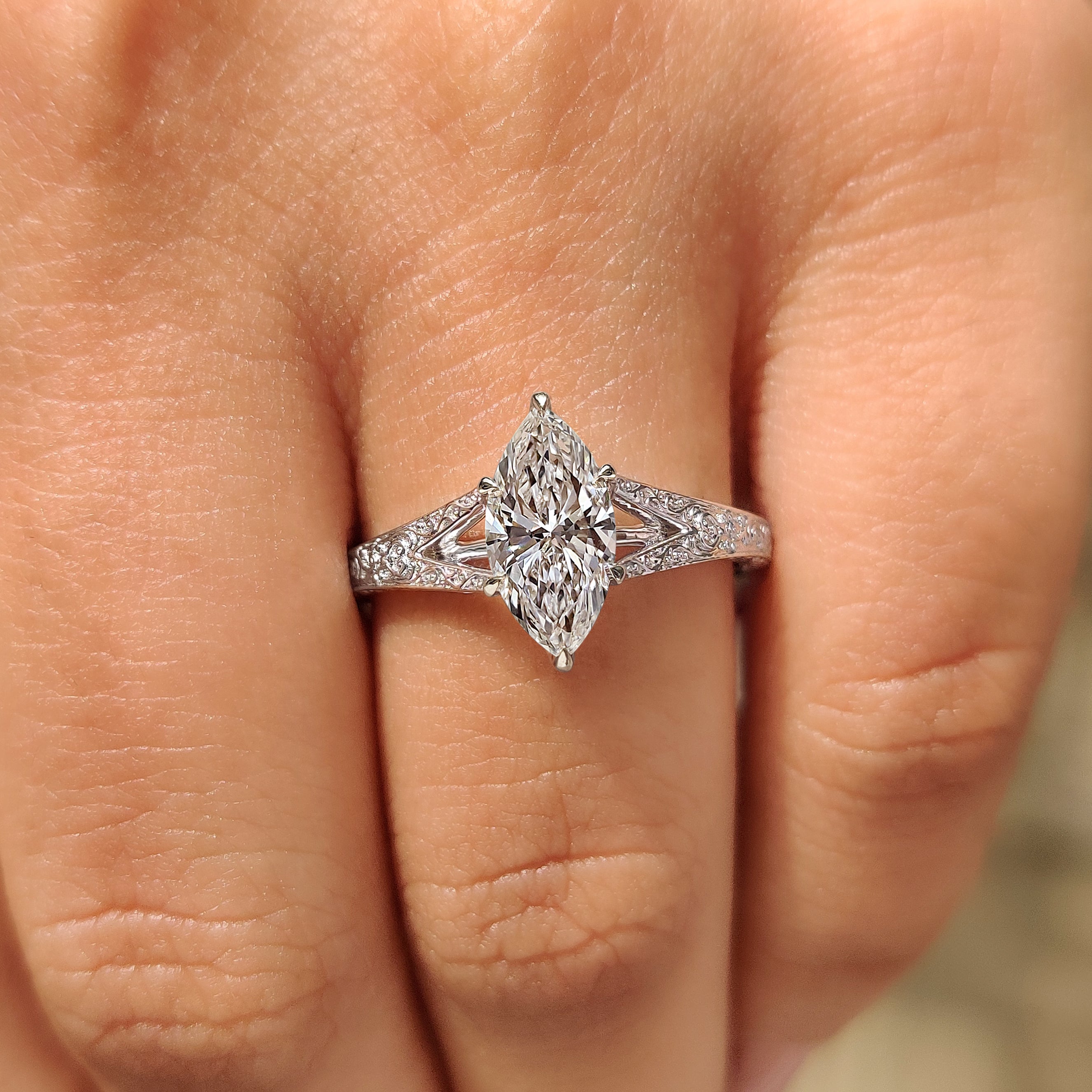 Lab grown marquise diamond ring with vintage tulip setting.

