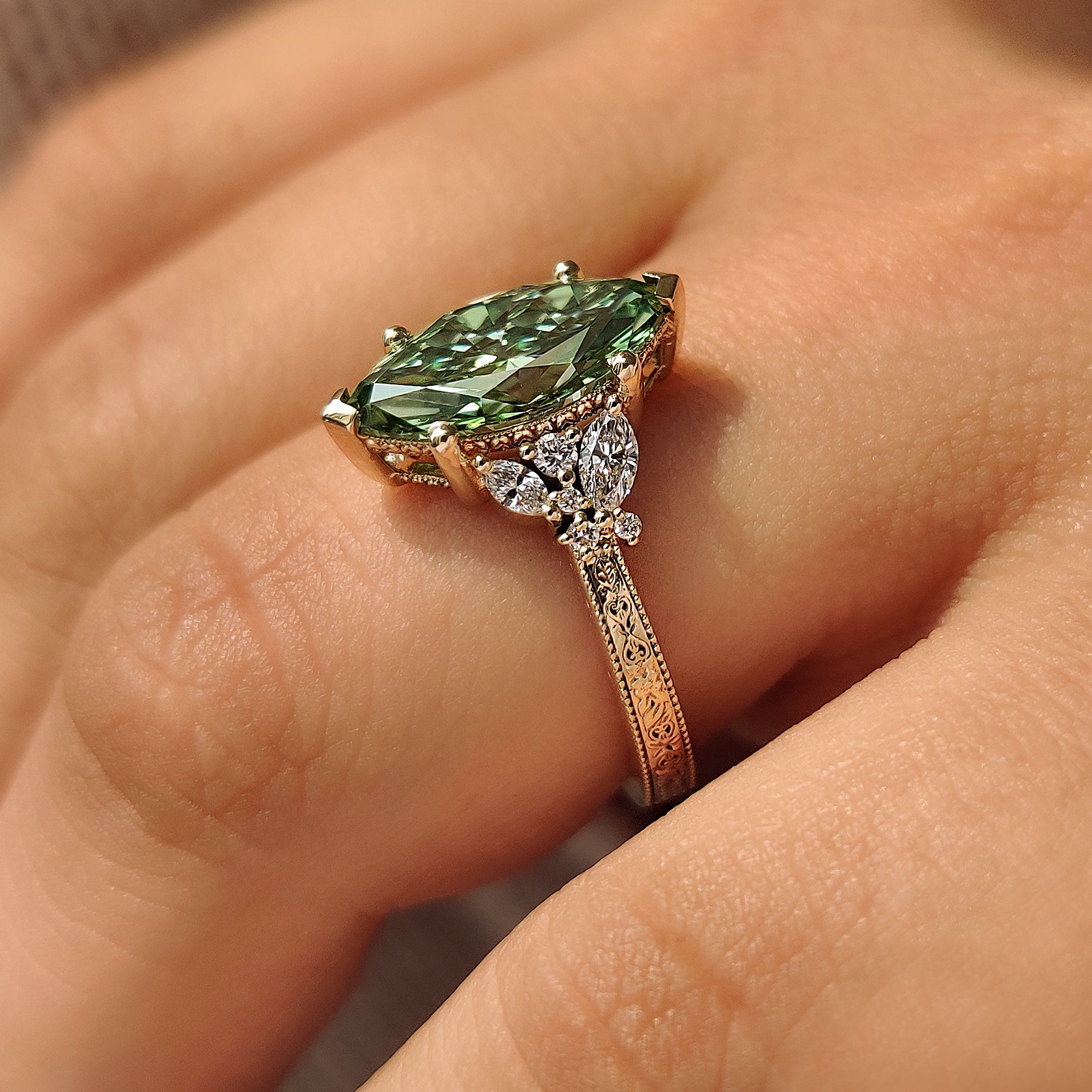 Cluster diamond ring with V prong setting.
