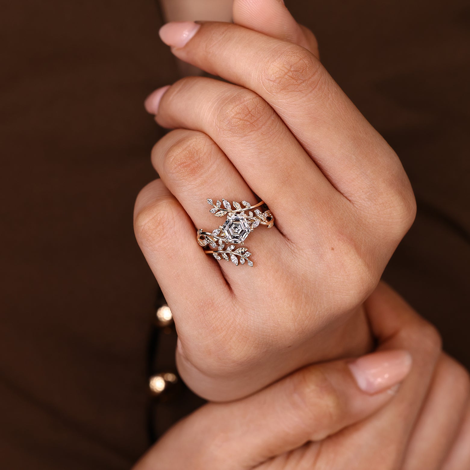Nature inspired ring set with marquise diamond accent band
