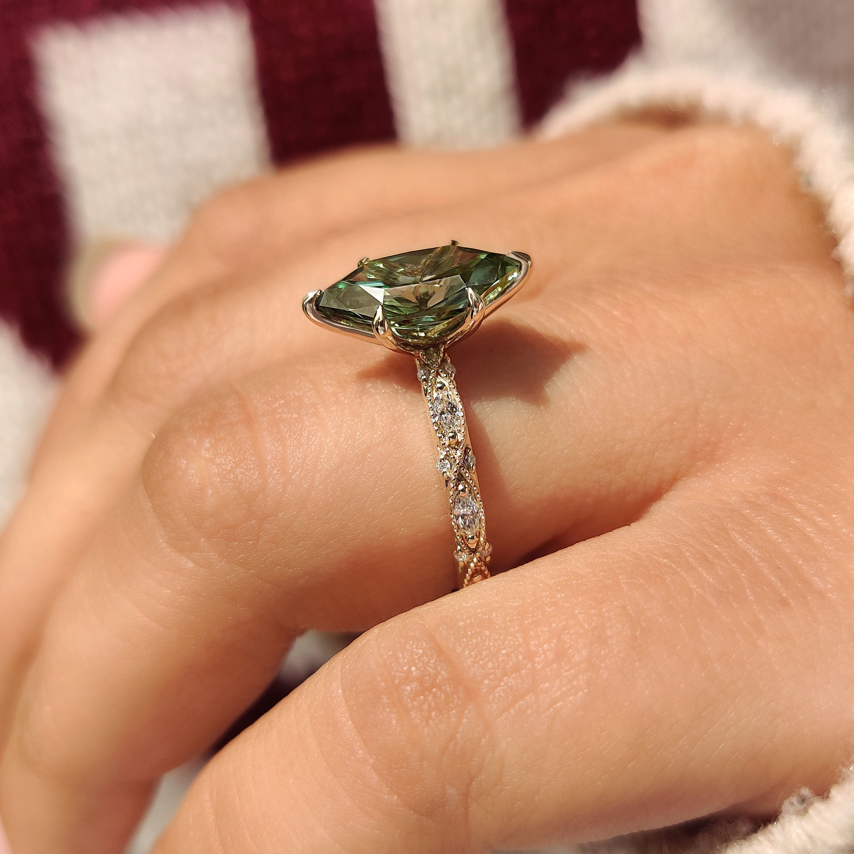 Green Dutch marquise lab grown diamond engagement ring
