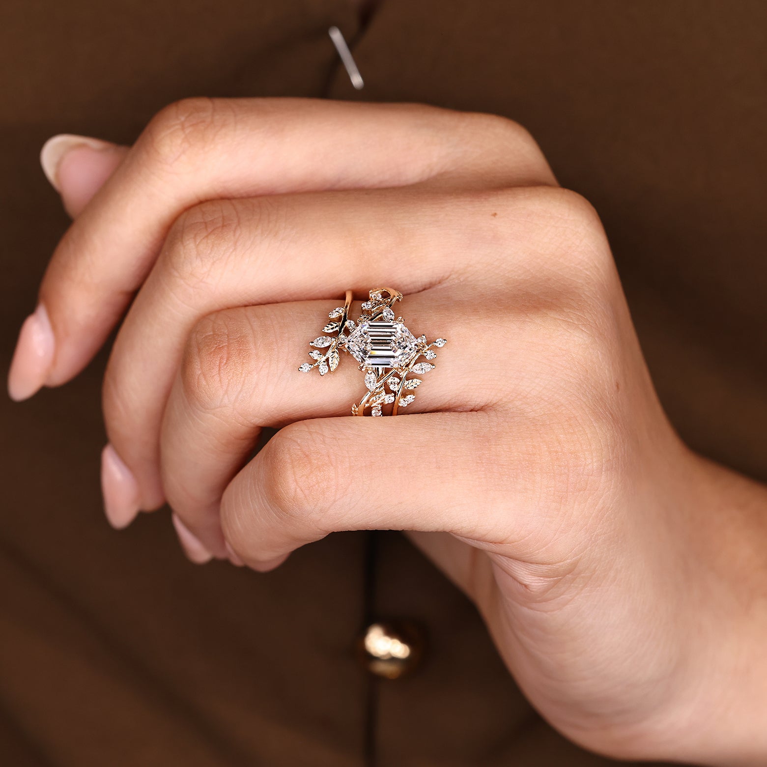 Hexagon diamond ring with round and marquise side accents
