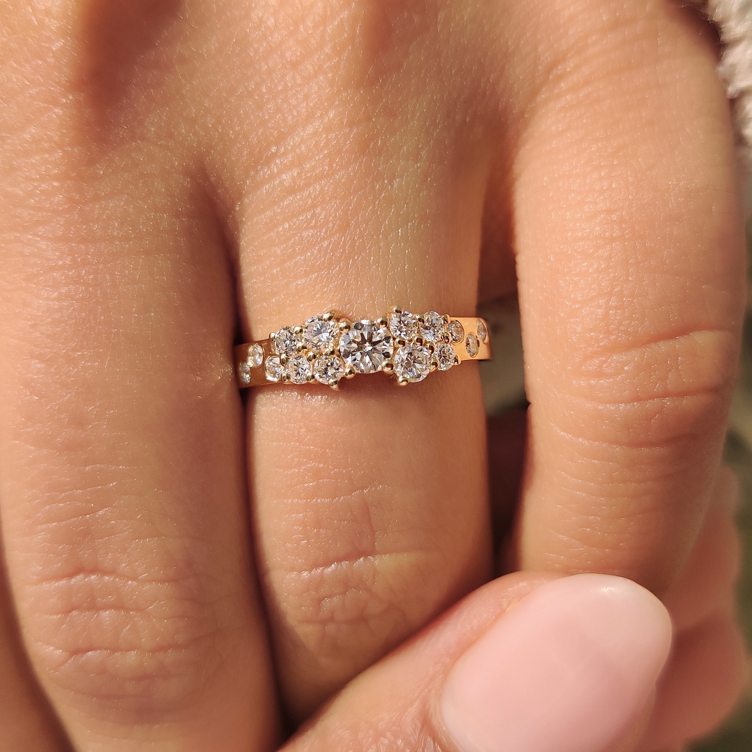 Scattered setting round diamond band with lab grown diamonds.
