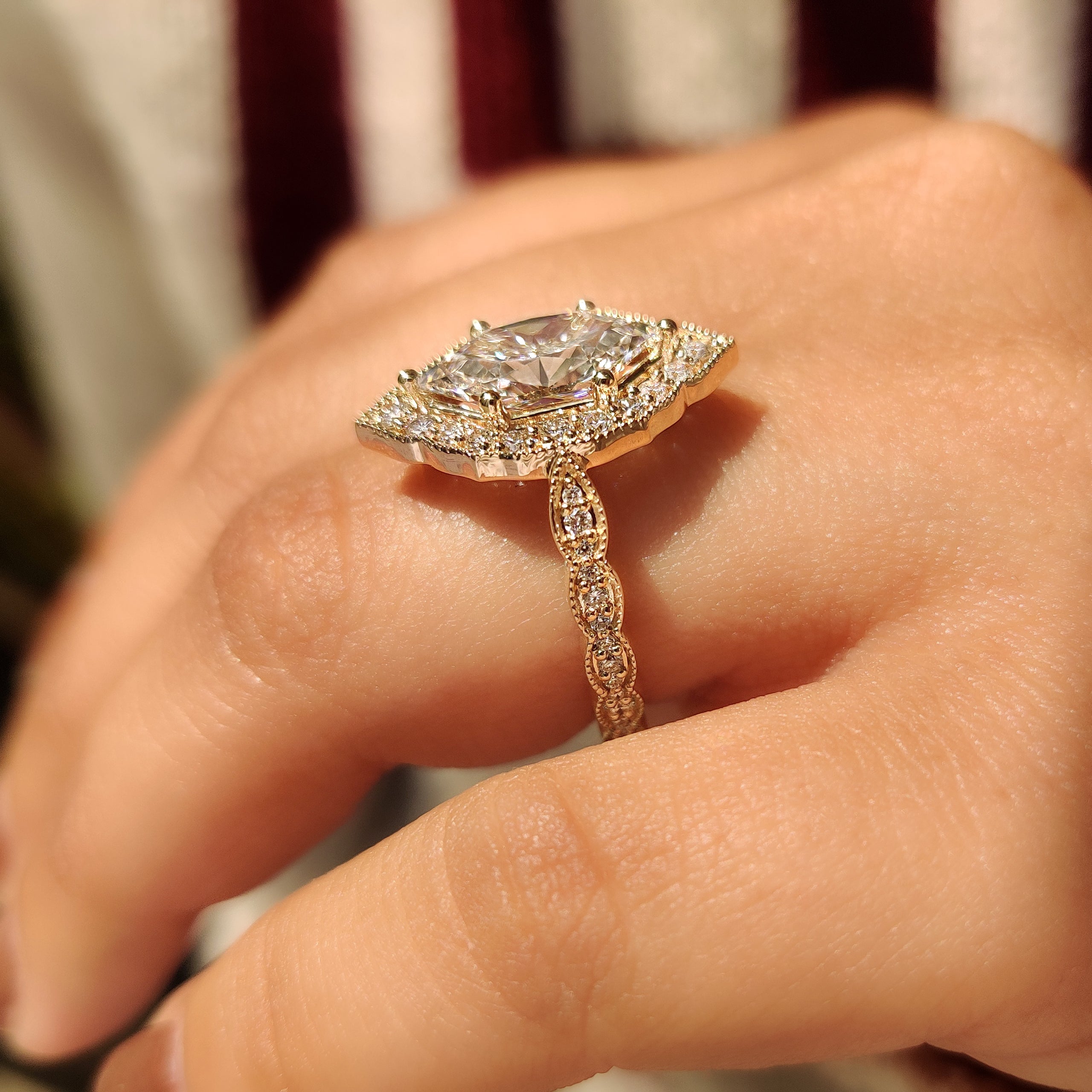 Handmade dutch marquise engagement ring with four prong setting.
