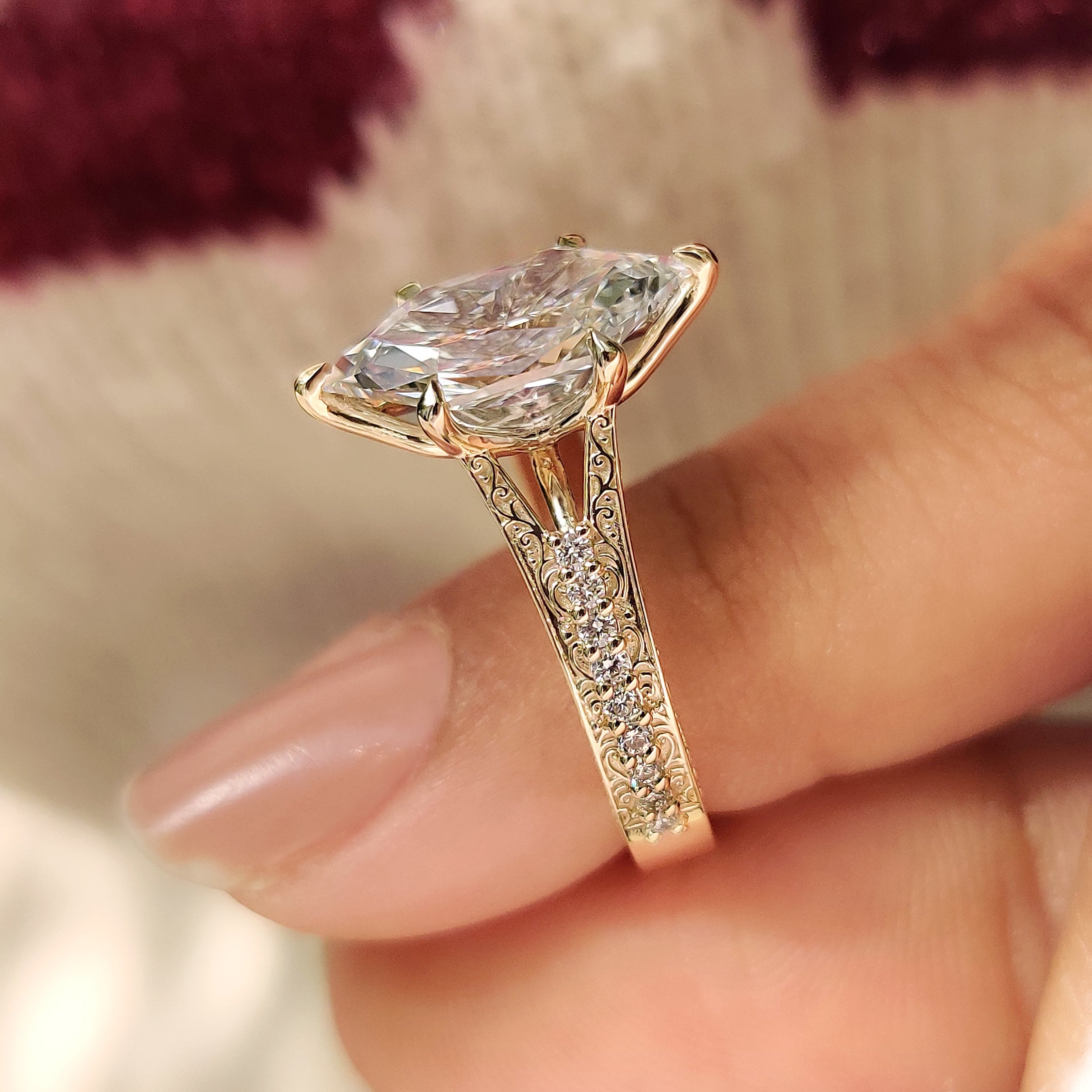 Handmade marquise diamond ring with split shank design
