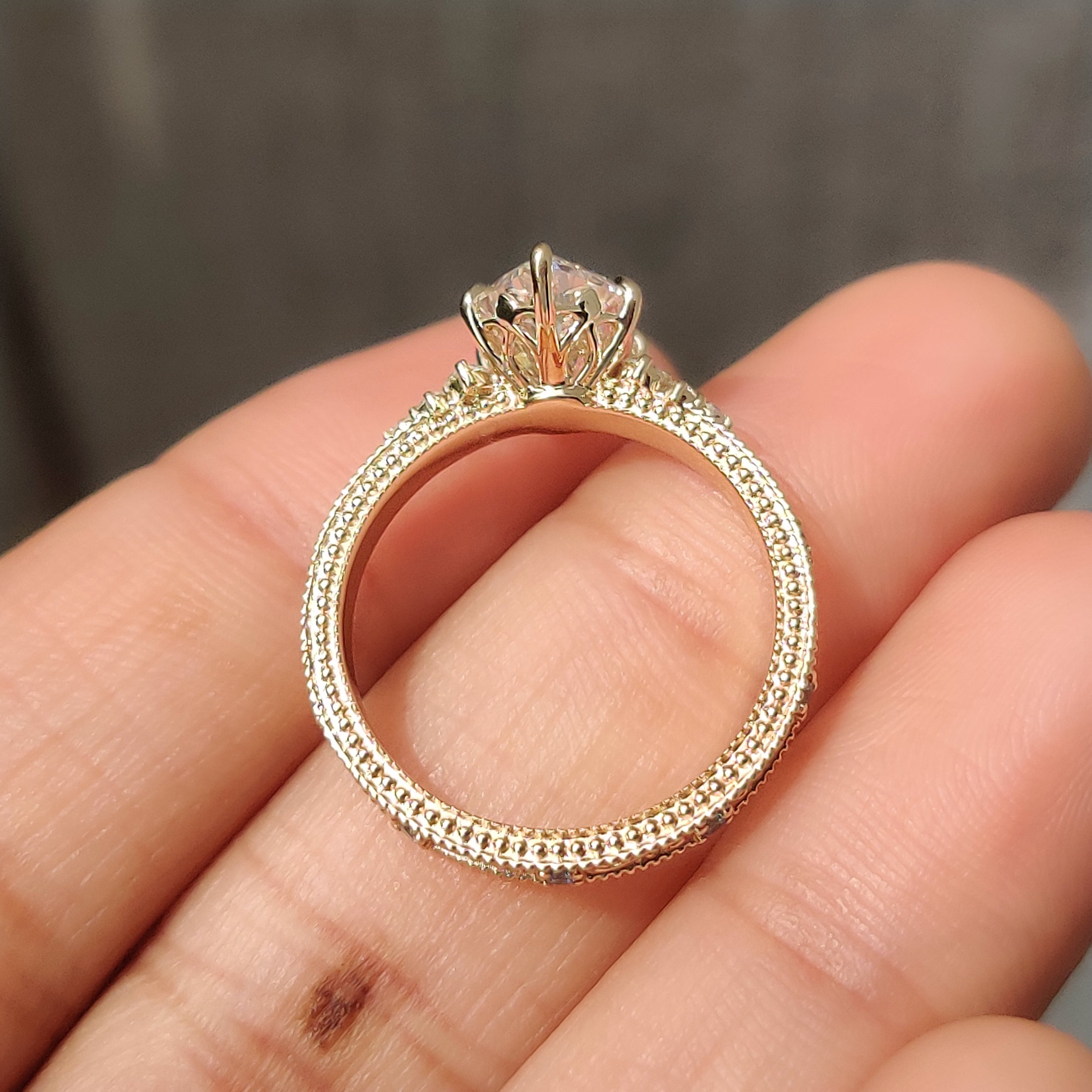 Hand engraved shank Dutch marquise diamond ring
