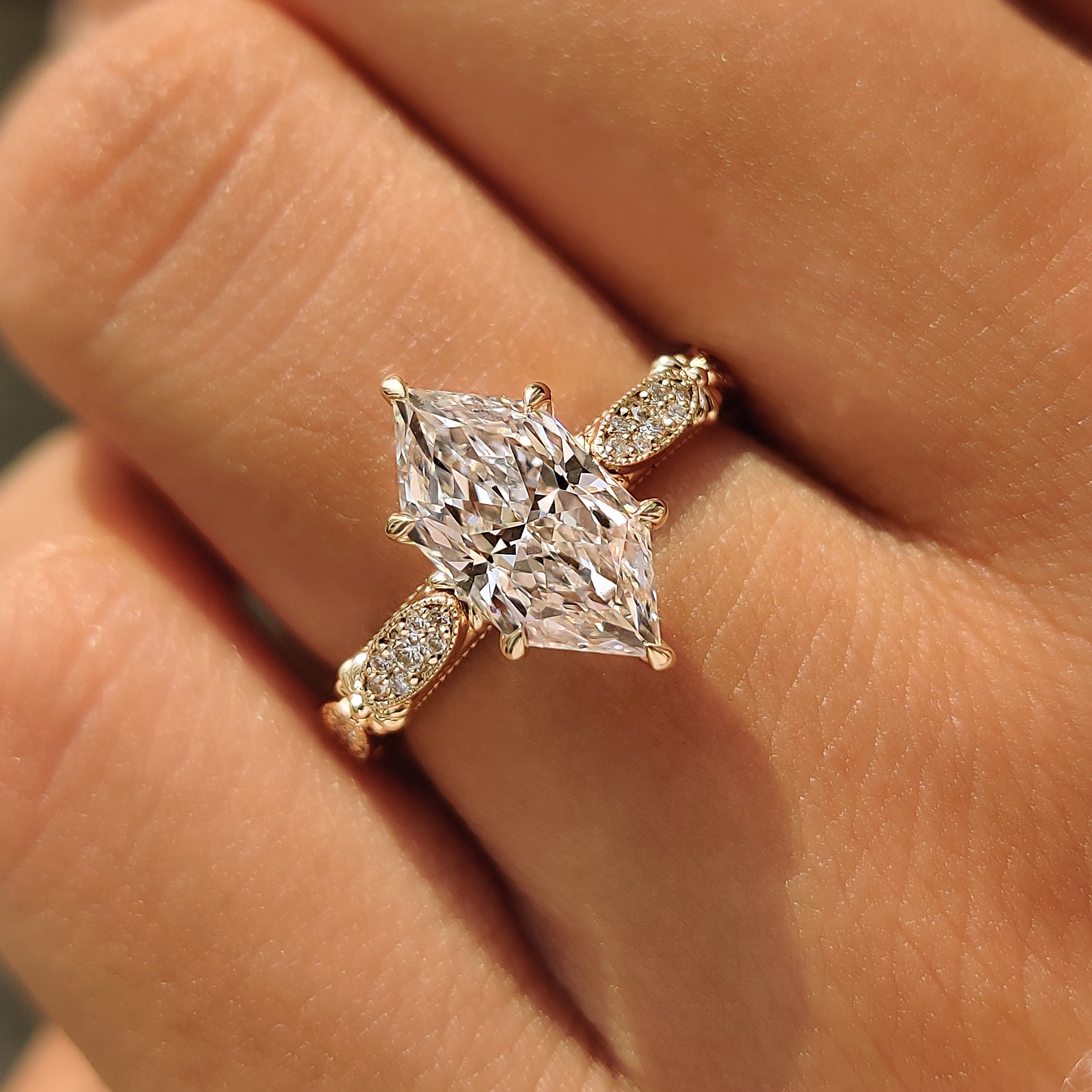 Handmade vintage Dutch marquise engagement ring by Carat Diamonds.
