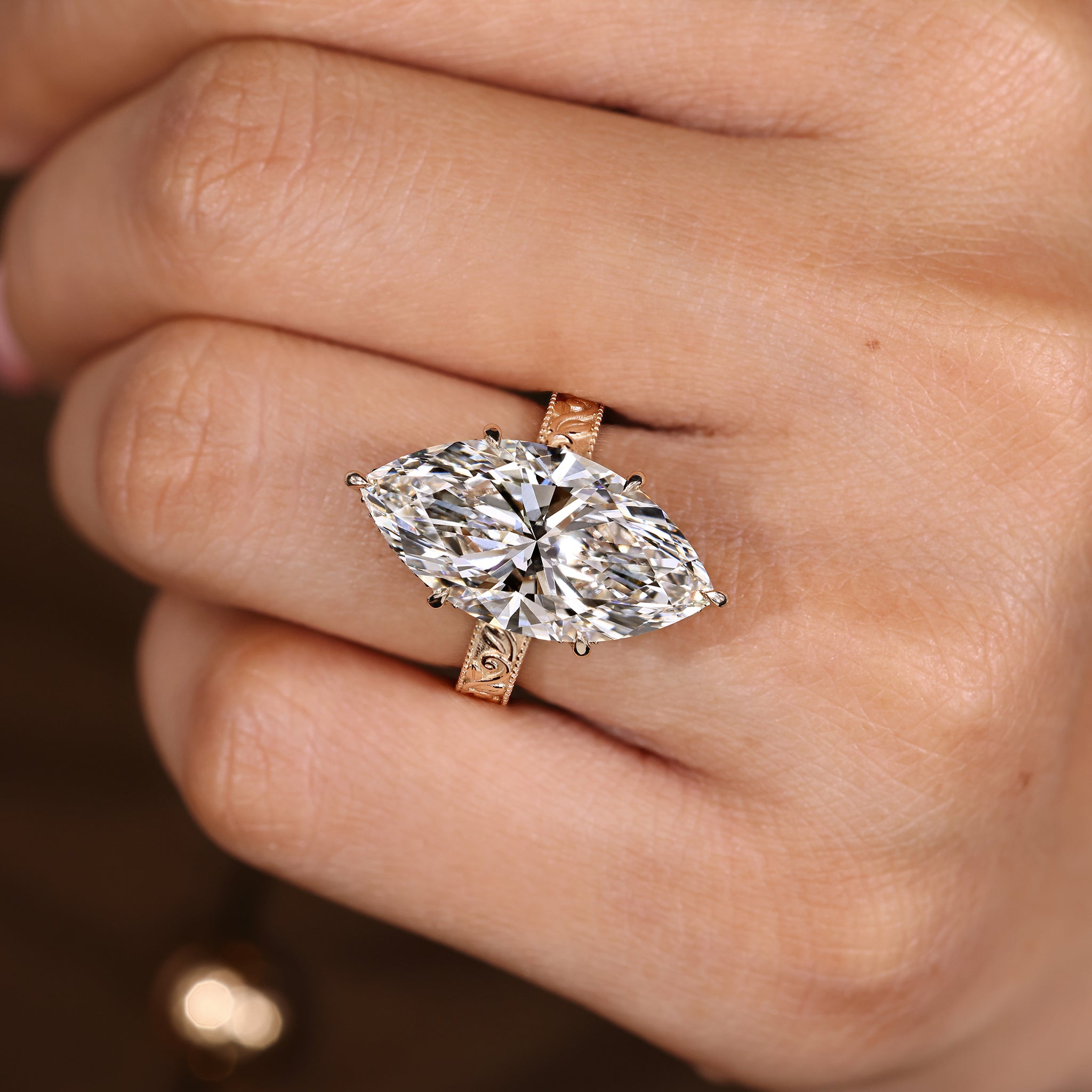 Vintage style Marquise Diamond Ring with milgrain details
