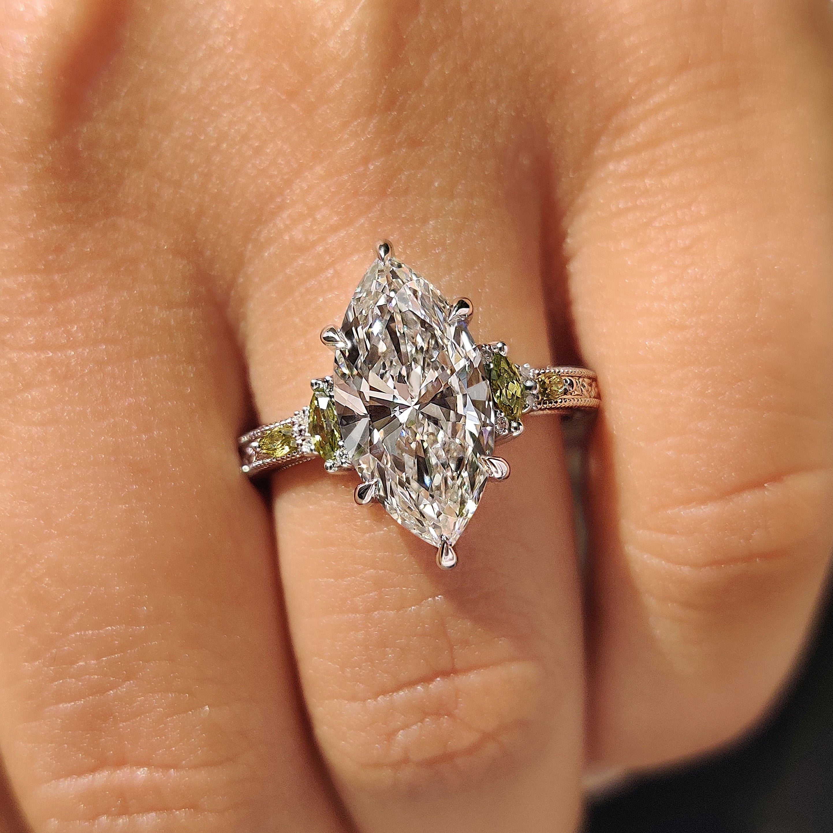 Lab grown marquise diamond ring with art deco details
