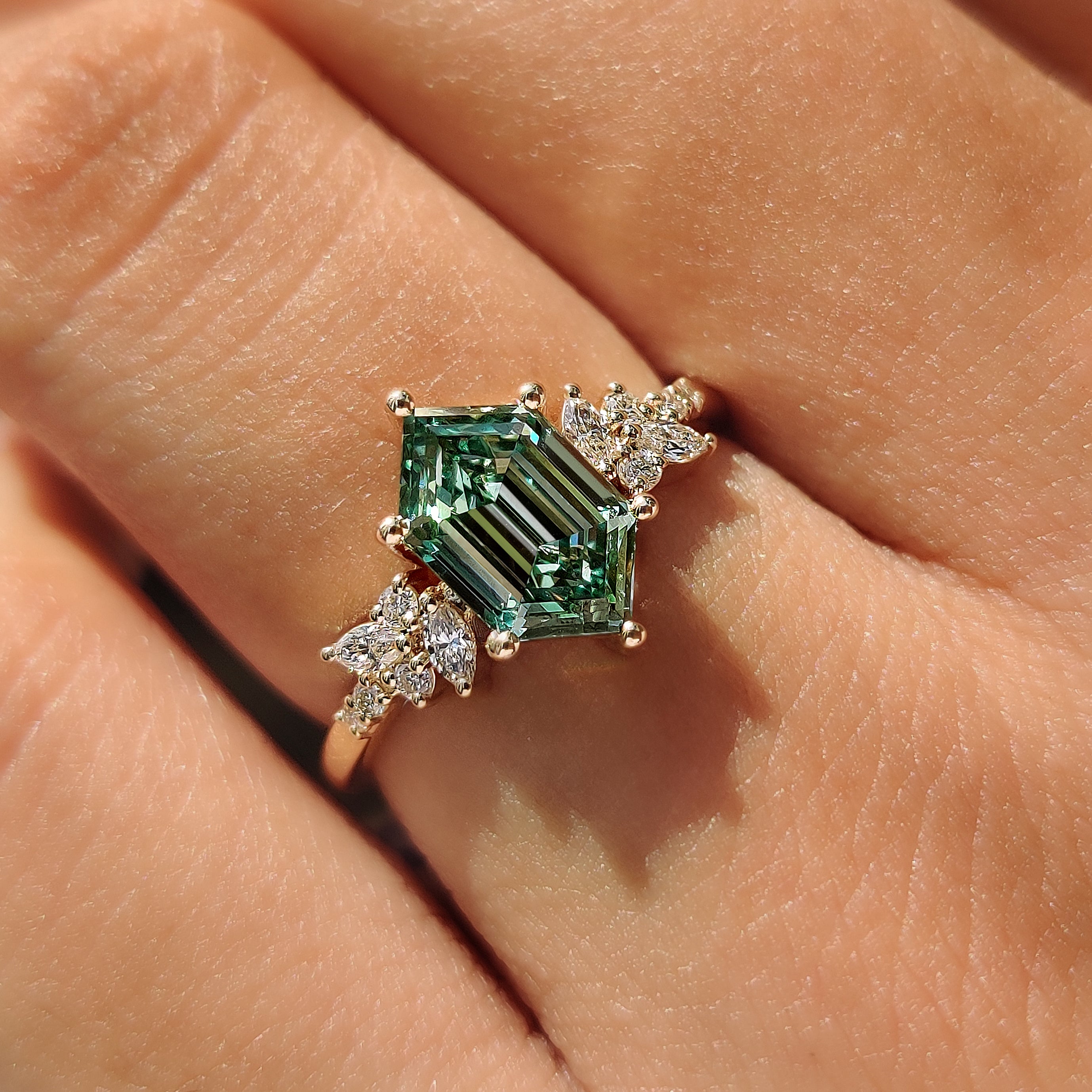 Lab grown green hexagon diamond ring.
