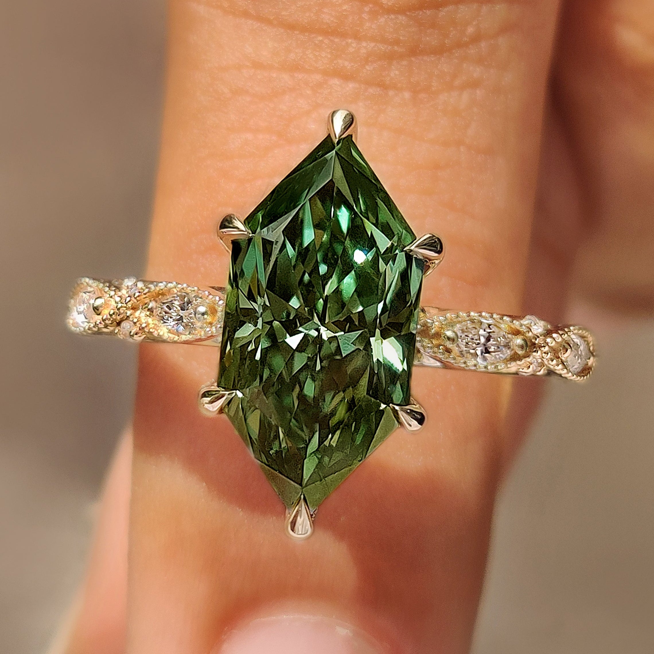 Green Dutch marquise engagement ring with vintage inspired style
