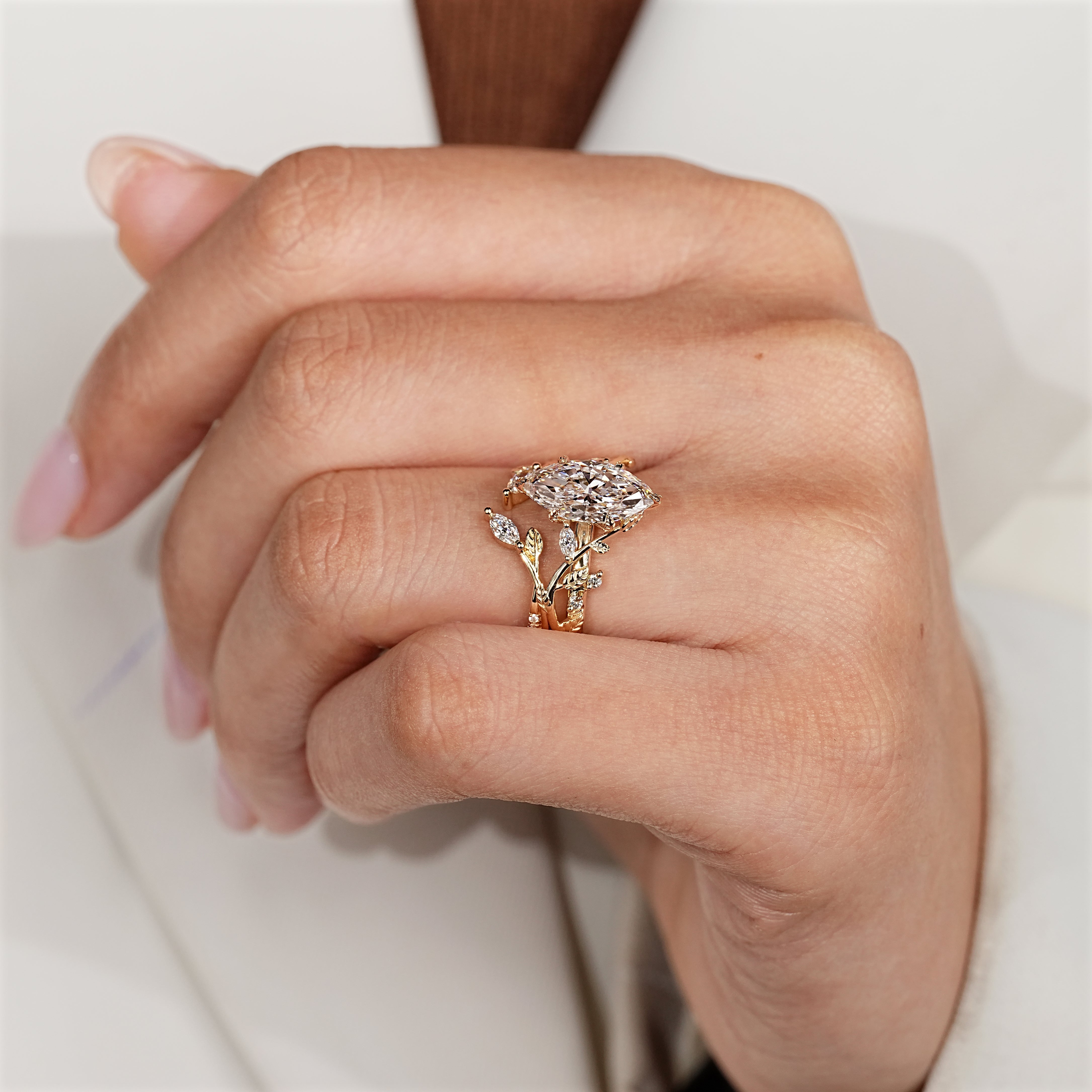 Marquise Engagement Ring with Wedding Band in Leaf Style