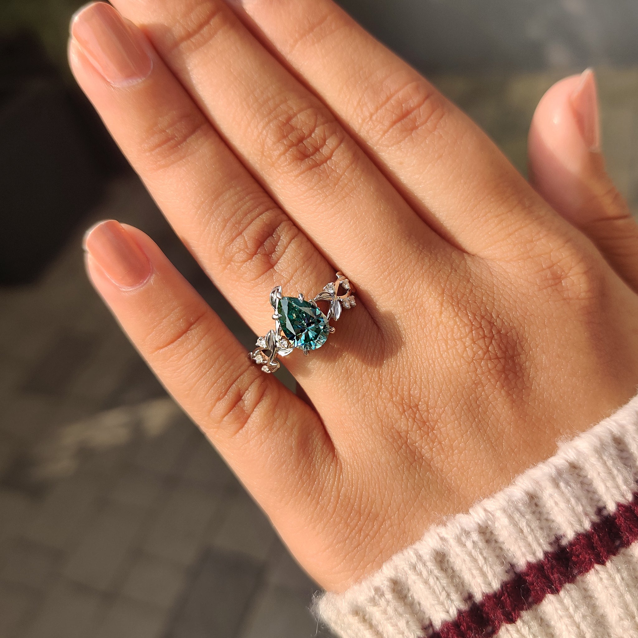 Handmade pear moissanite ring nature inspired leaf design
