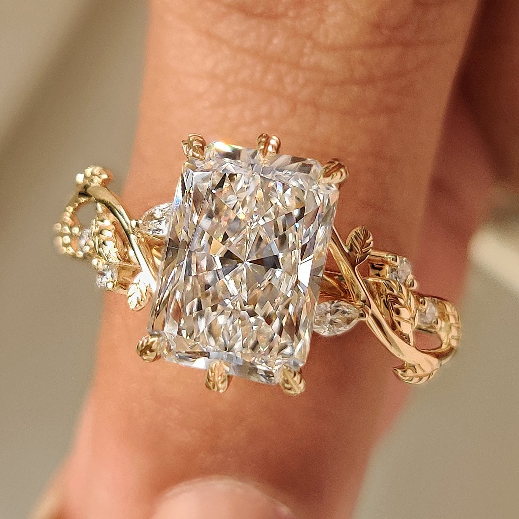 Nature inspired engagement ring with radiant diamond center

