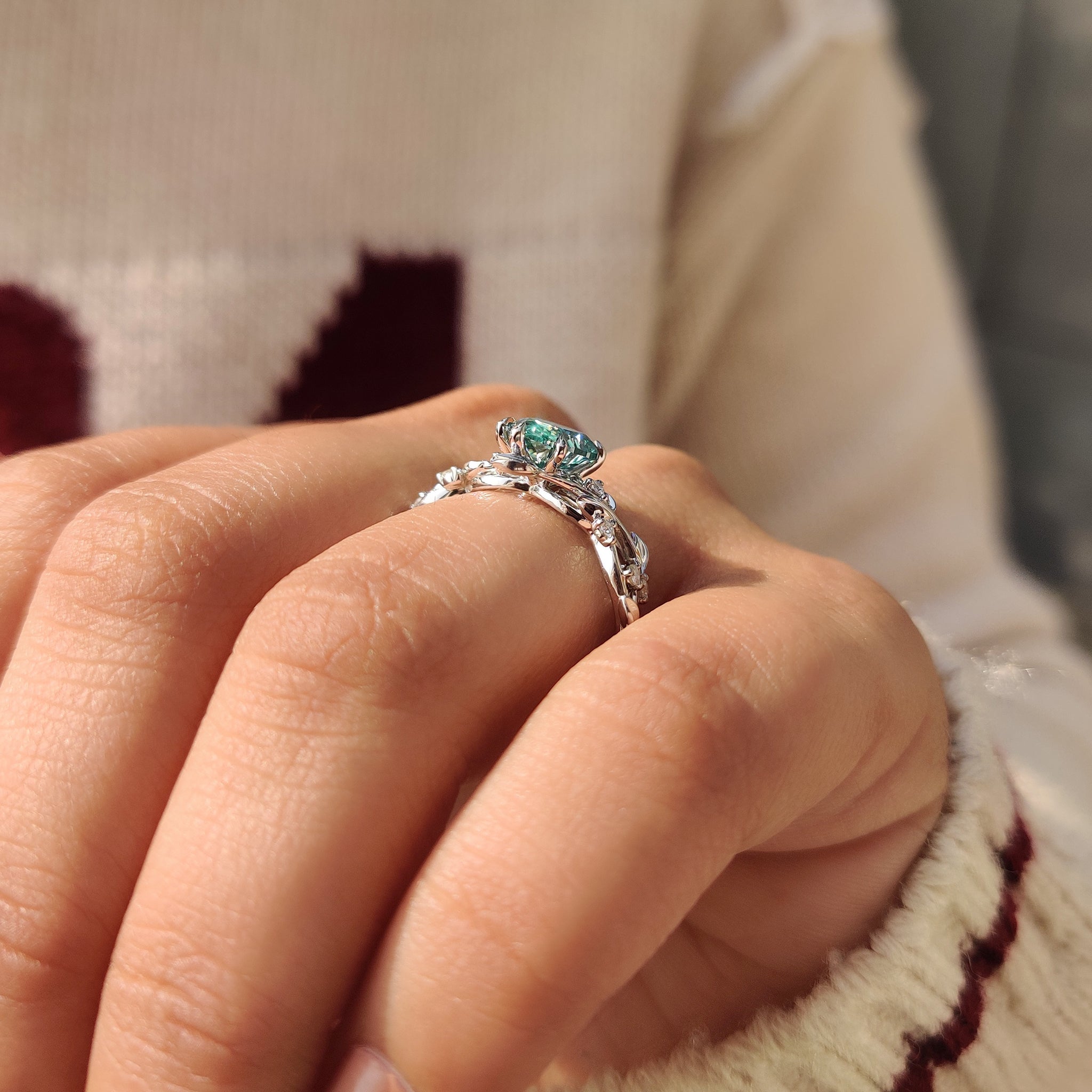 Nature inspired cyan blue pear moissanite ring handmade
