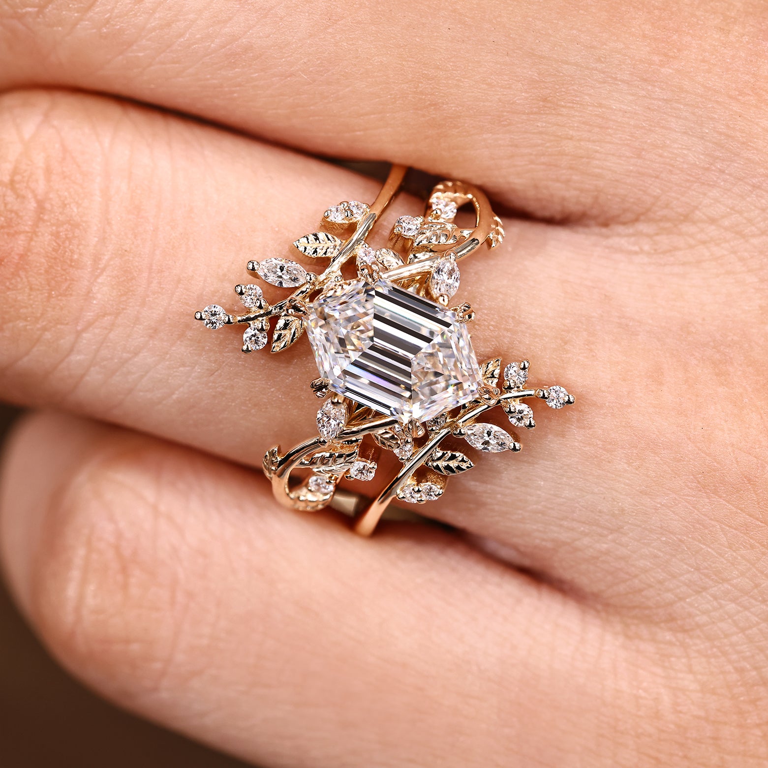 Hexagon center diamond ring with matching nature inspired band
