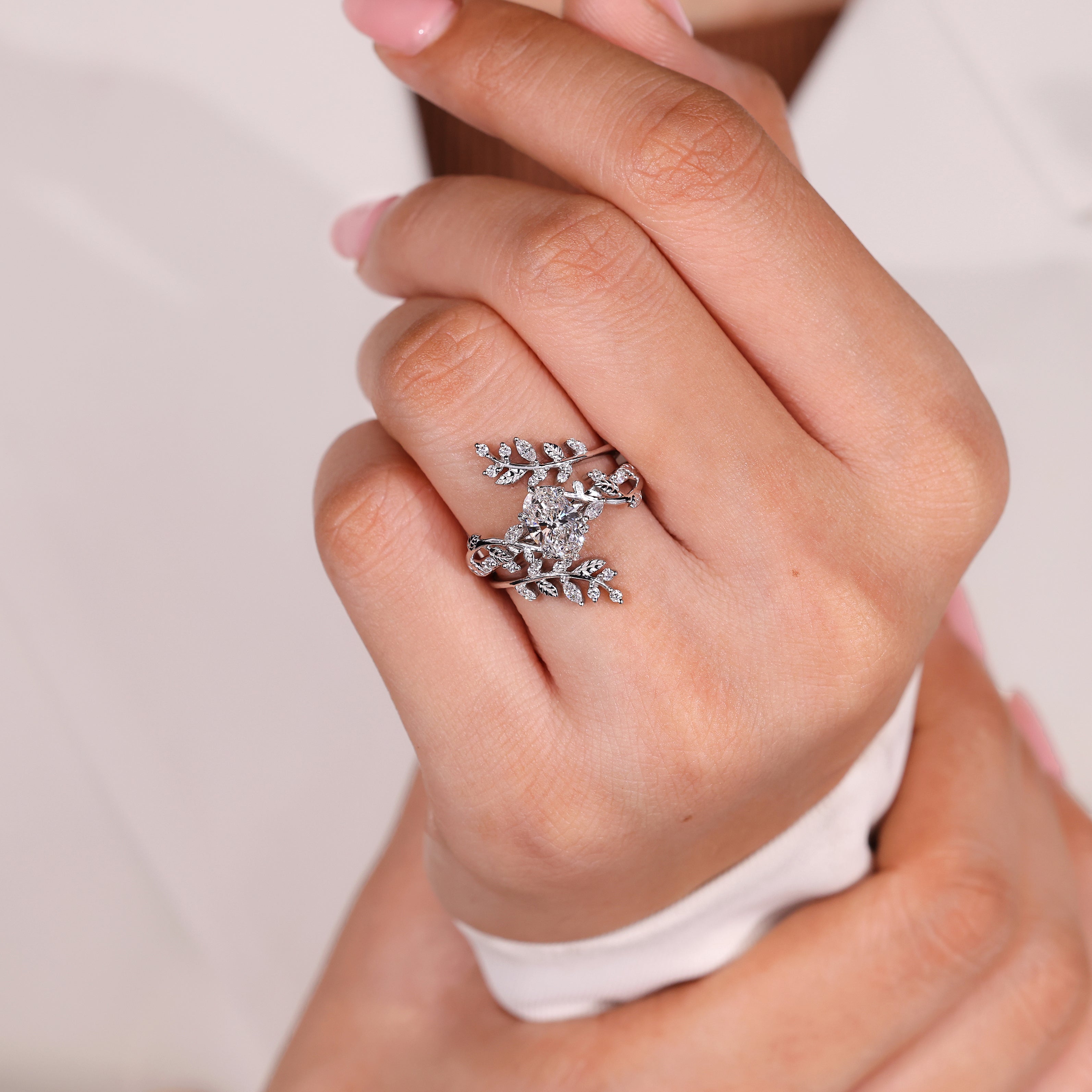 Oval Engagement Ring with Nature Inspired Wedding Band

