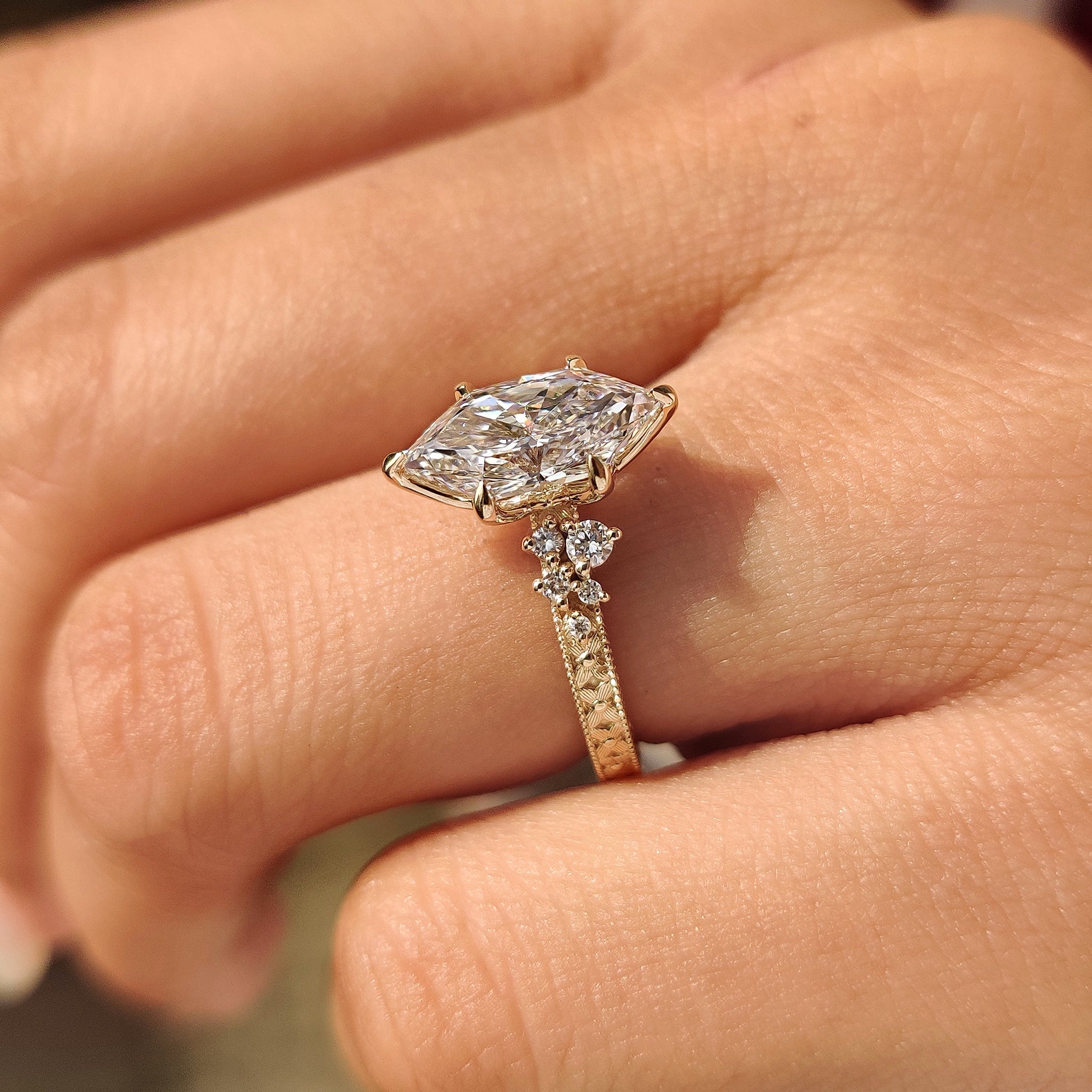 Handmade dutch marquise ring with tulip prong setting.
