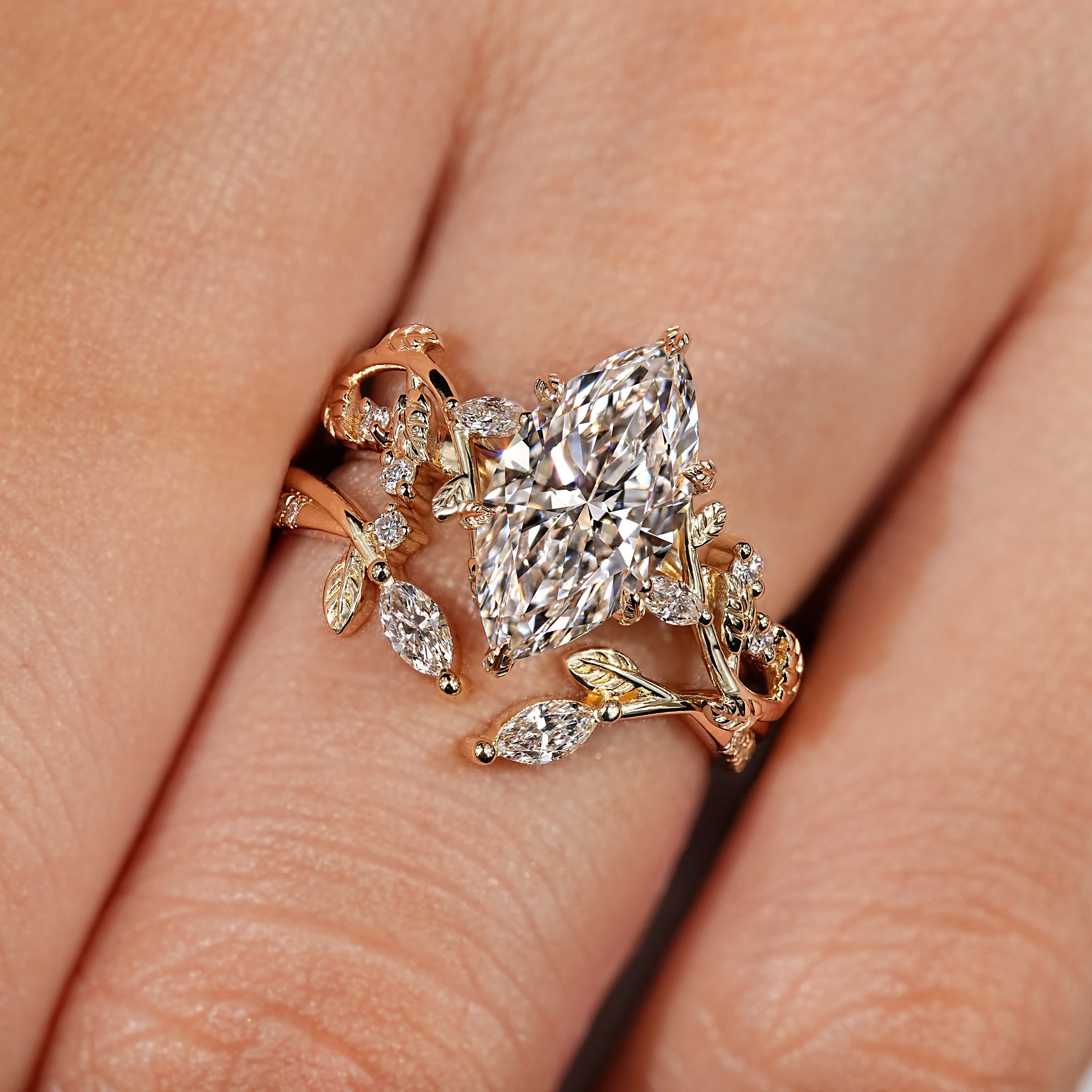 Nature inspired bridal set with marquise center diamond
