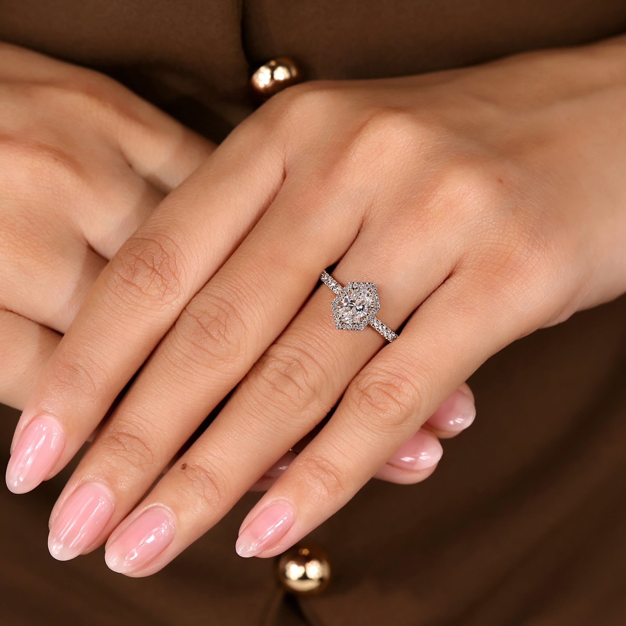 Oval Diamond Ring - Hexagon Halo Style