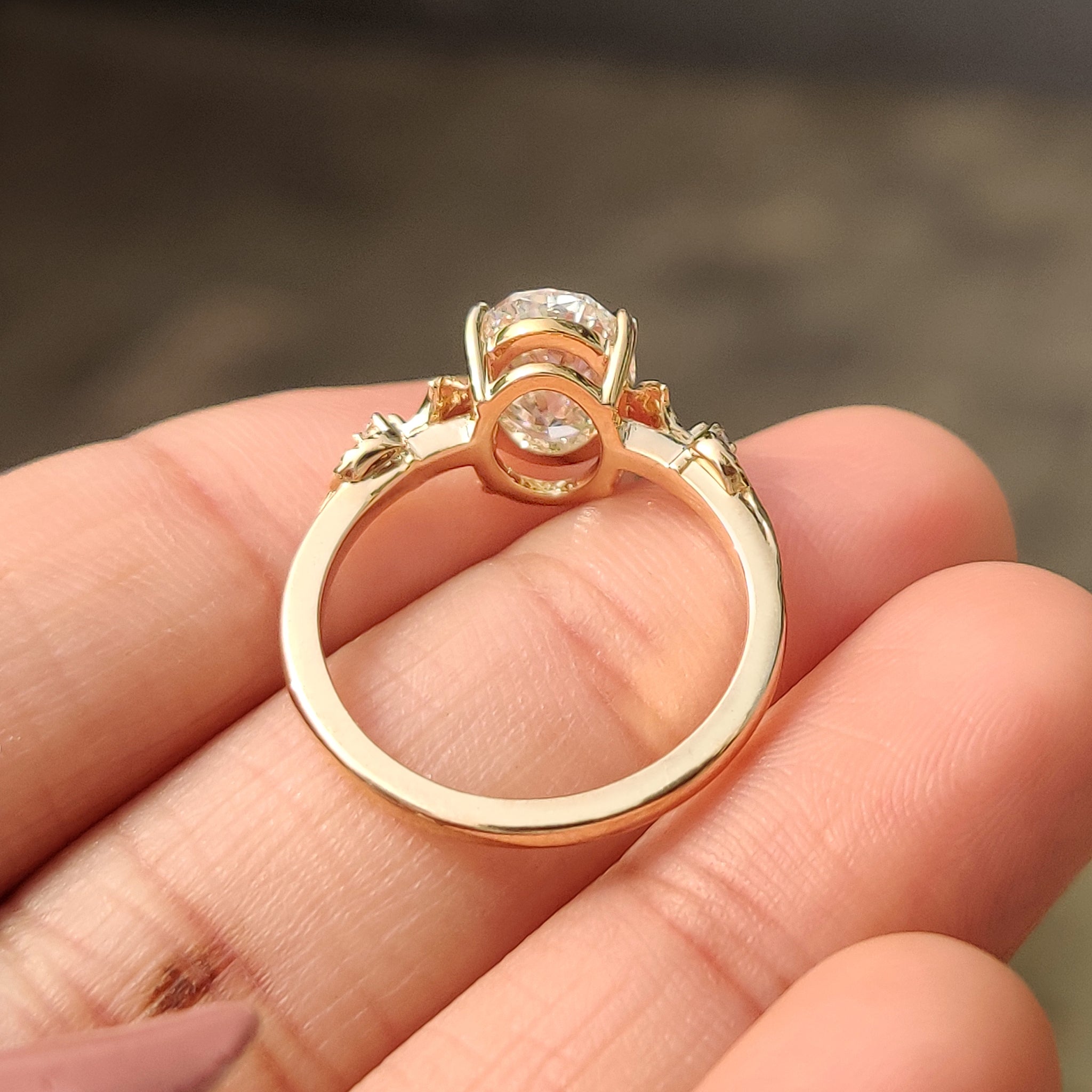 Leaf style prong oval diamond ring handmade design
