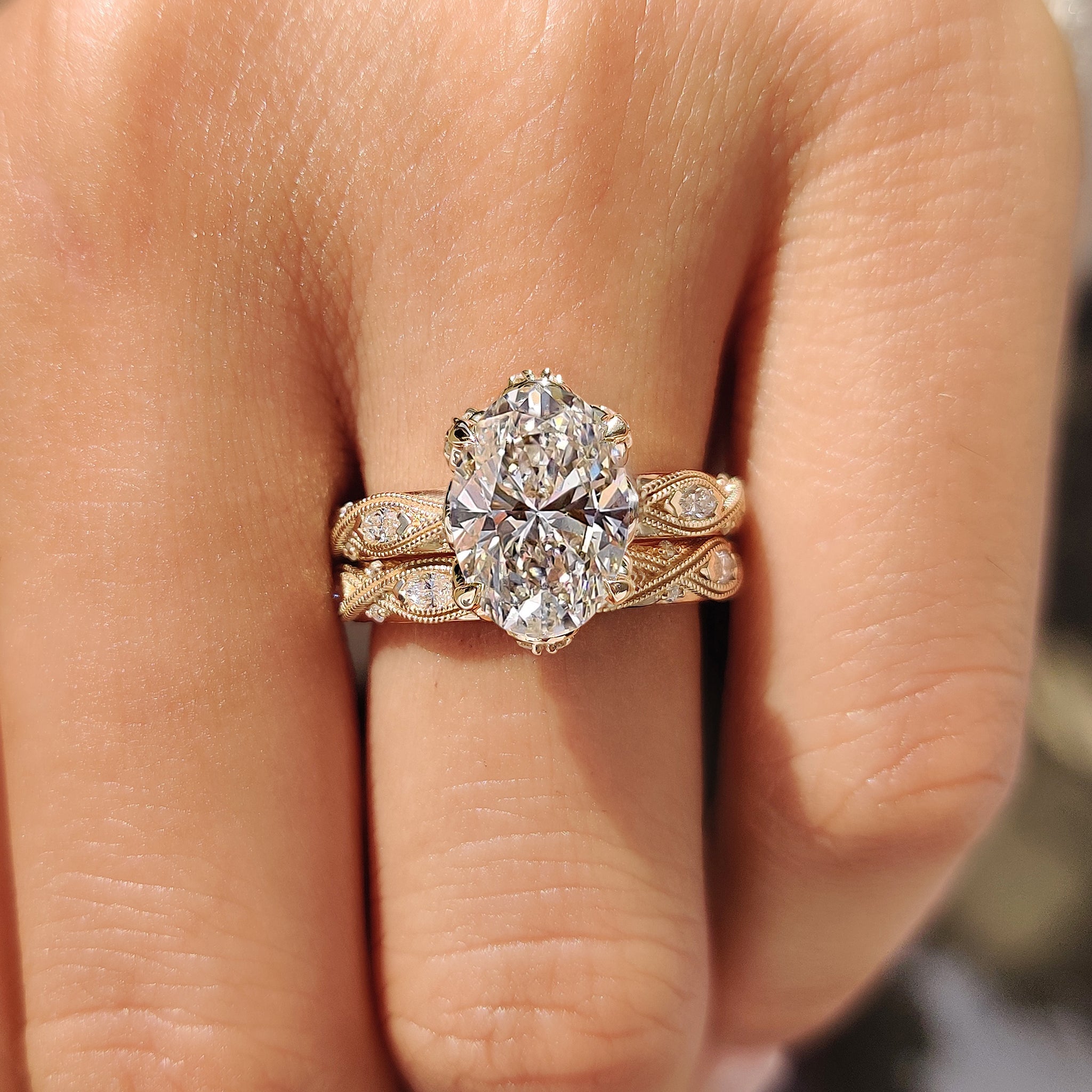 Lab grown bridal set with engraved filigree and eternity wedding band.
