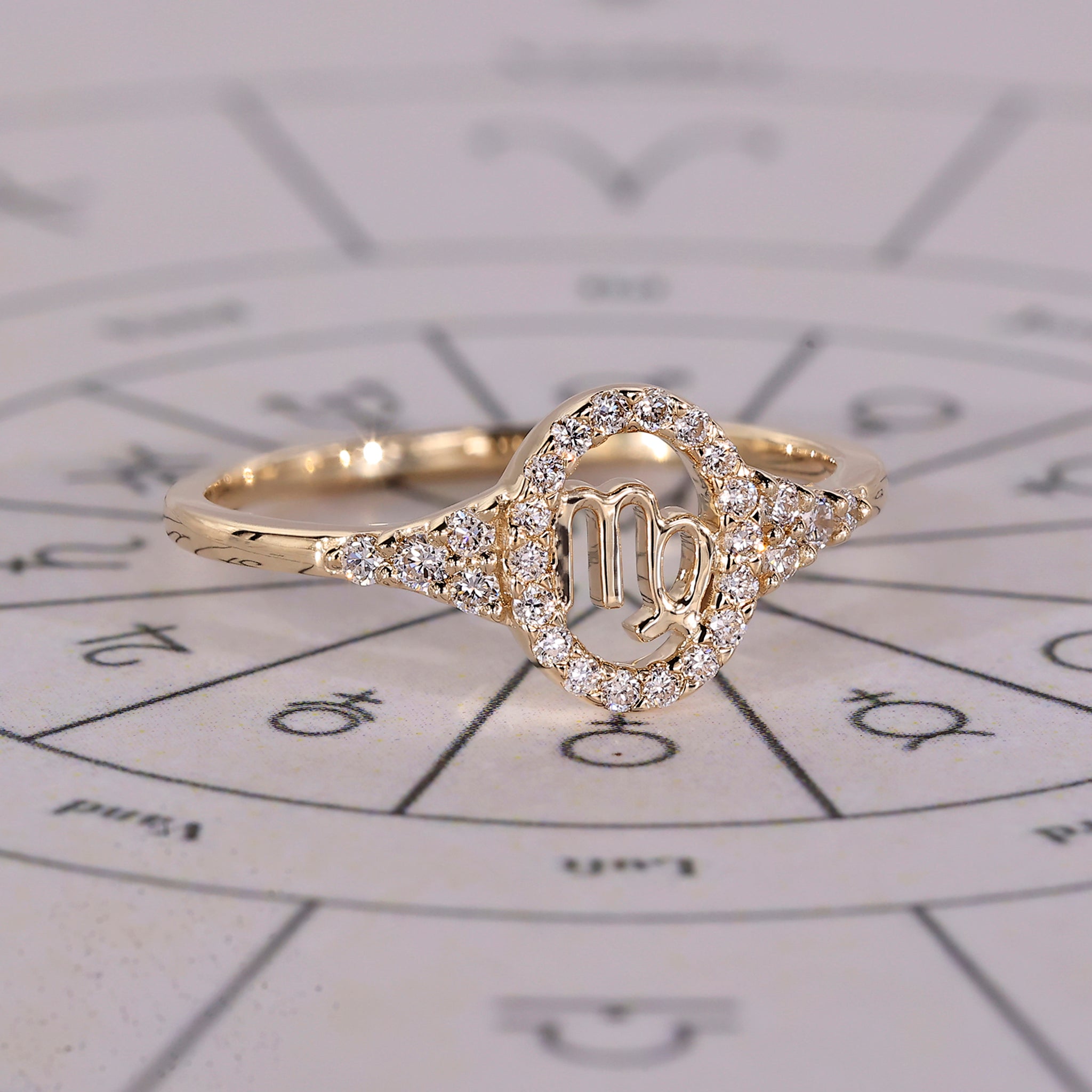 Buy engagement ring with Virgo zodiac design and halo diamond setting.
