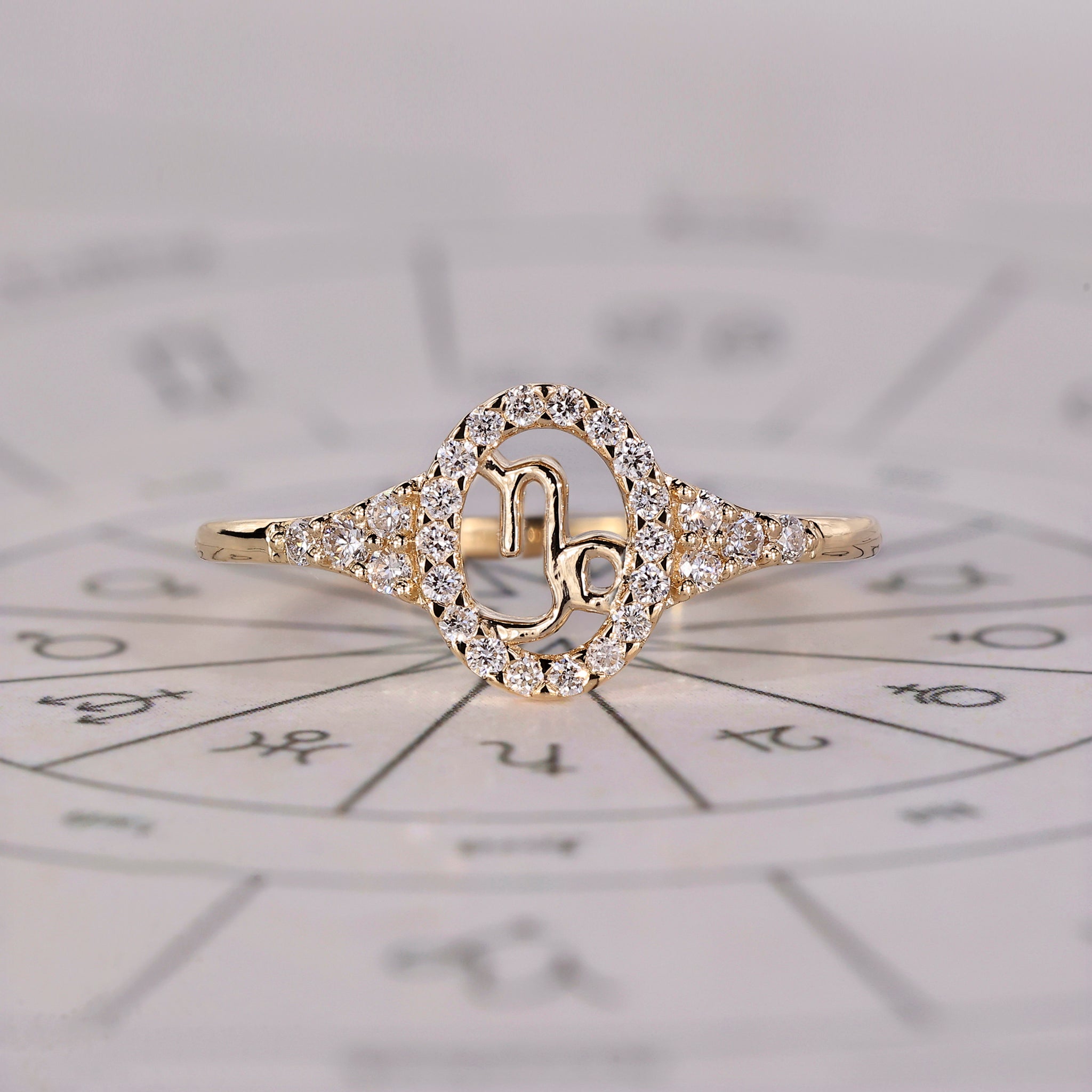 Capricorn ring in yellow gold with halo design and round side stones.
