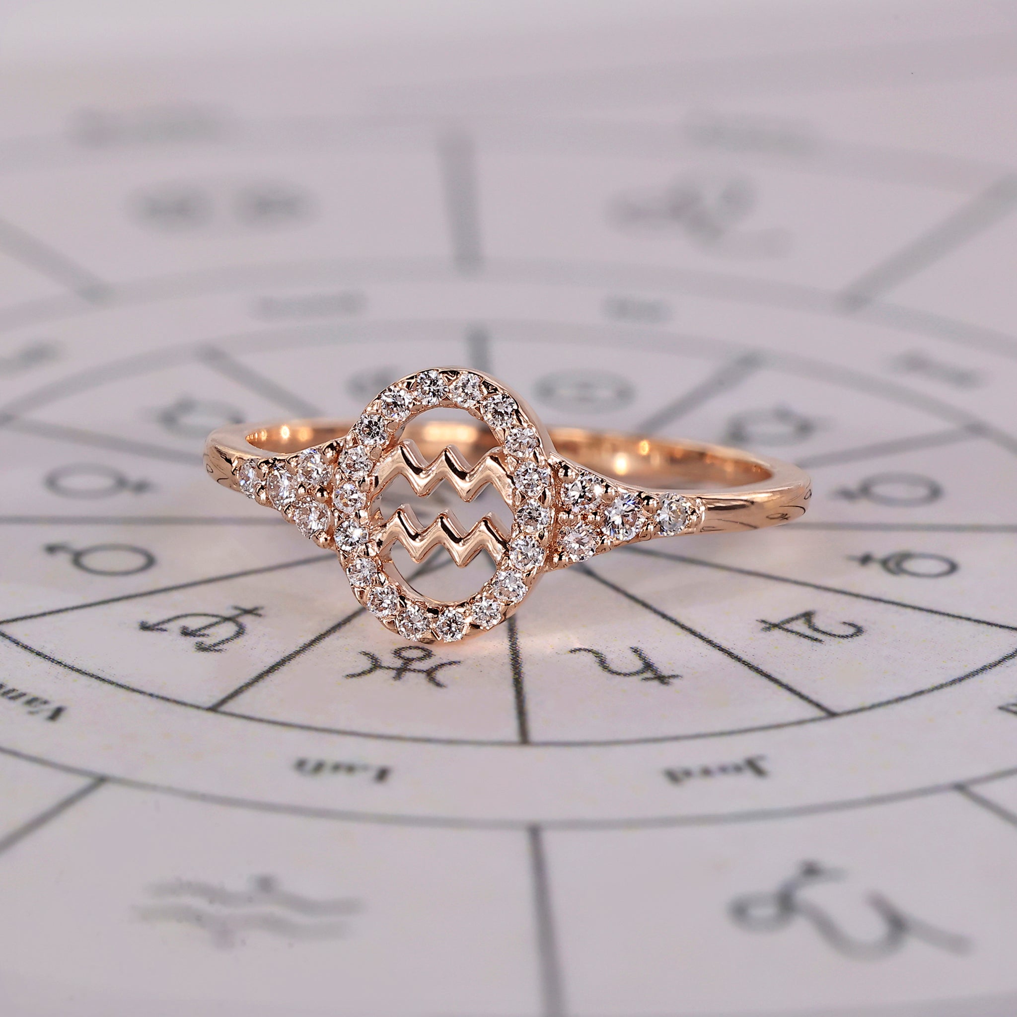 Custom zodiac ring with halo diamond and round side stones for Aquarius.
