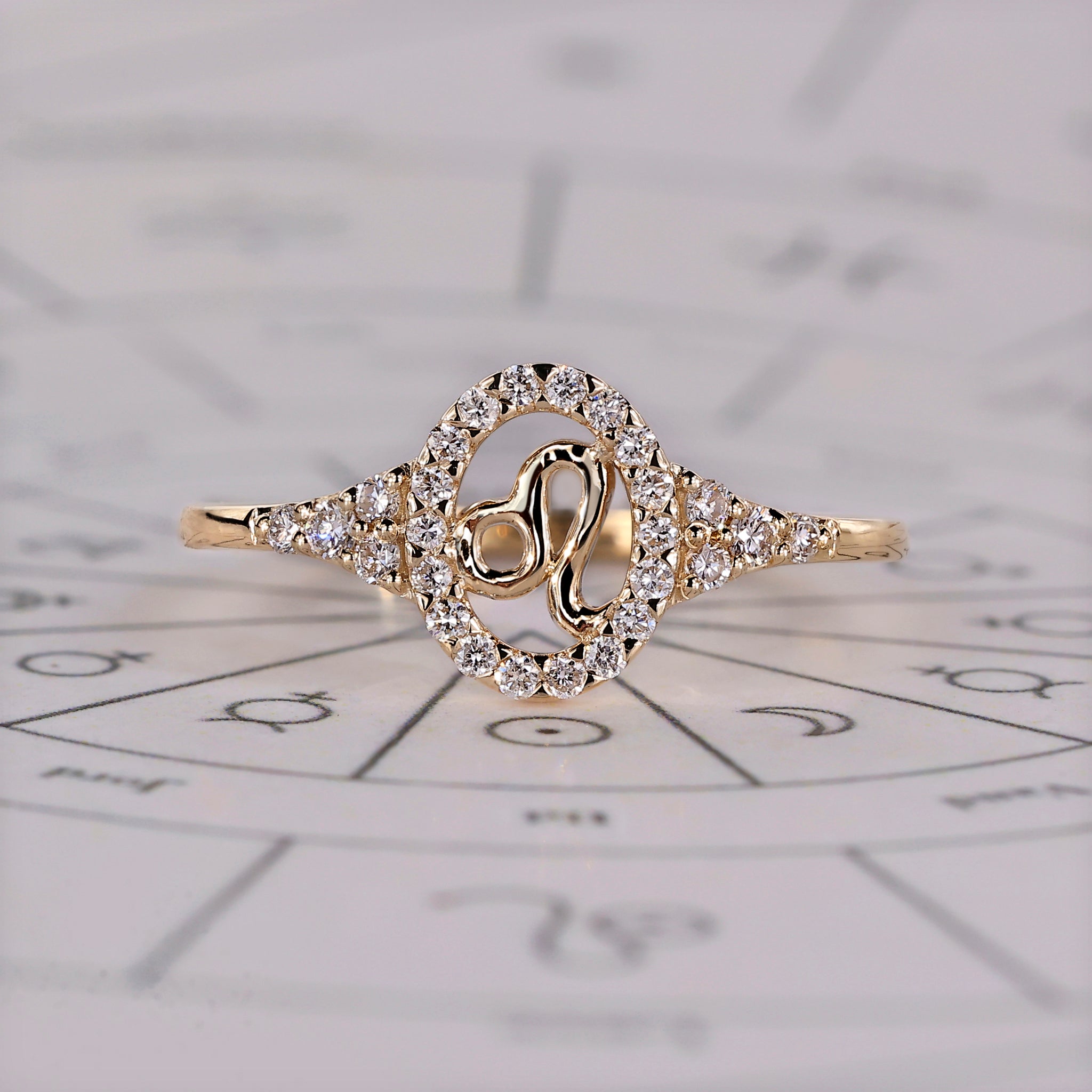 Leo ring in yellow gold with halo diamond and round side stones.
