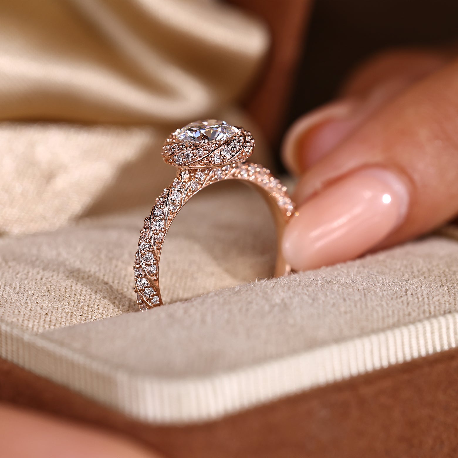 Lab grown round diamond ring with twisted pave details

