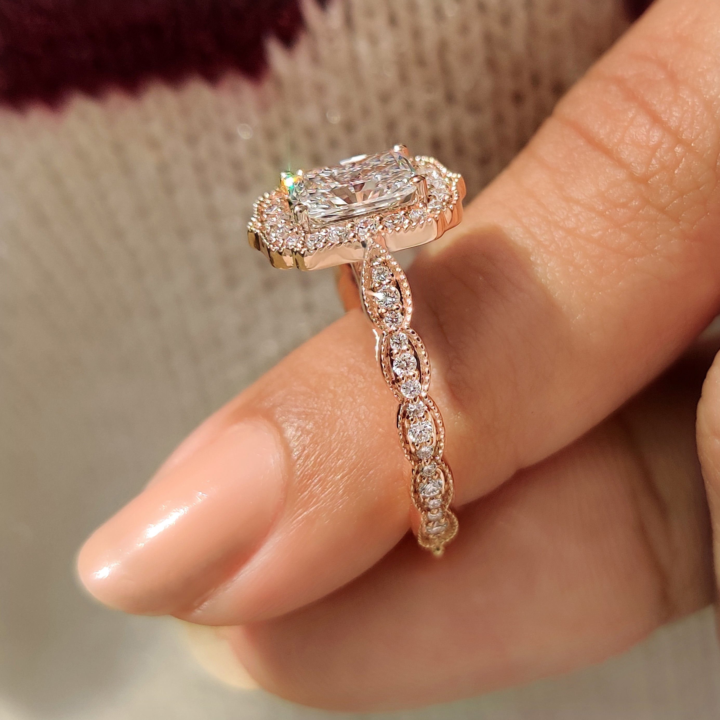 Vintage radiant diamond ring with round pave band.
