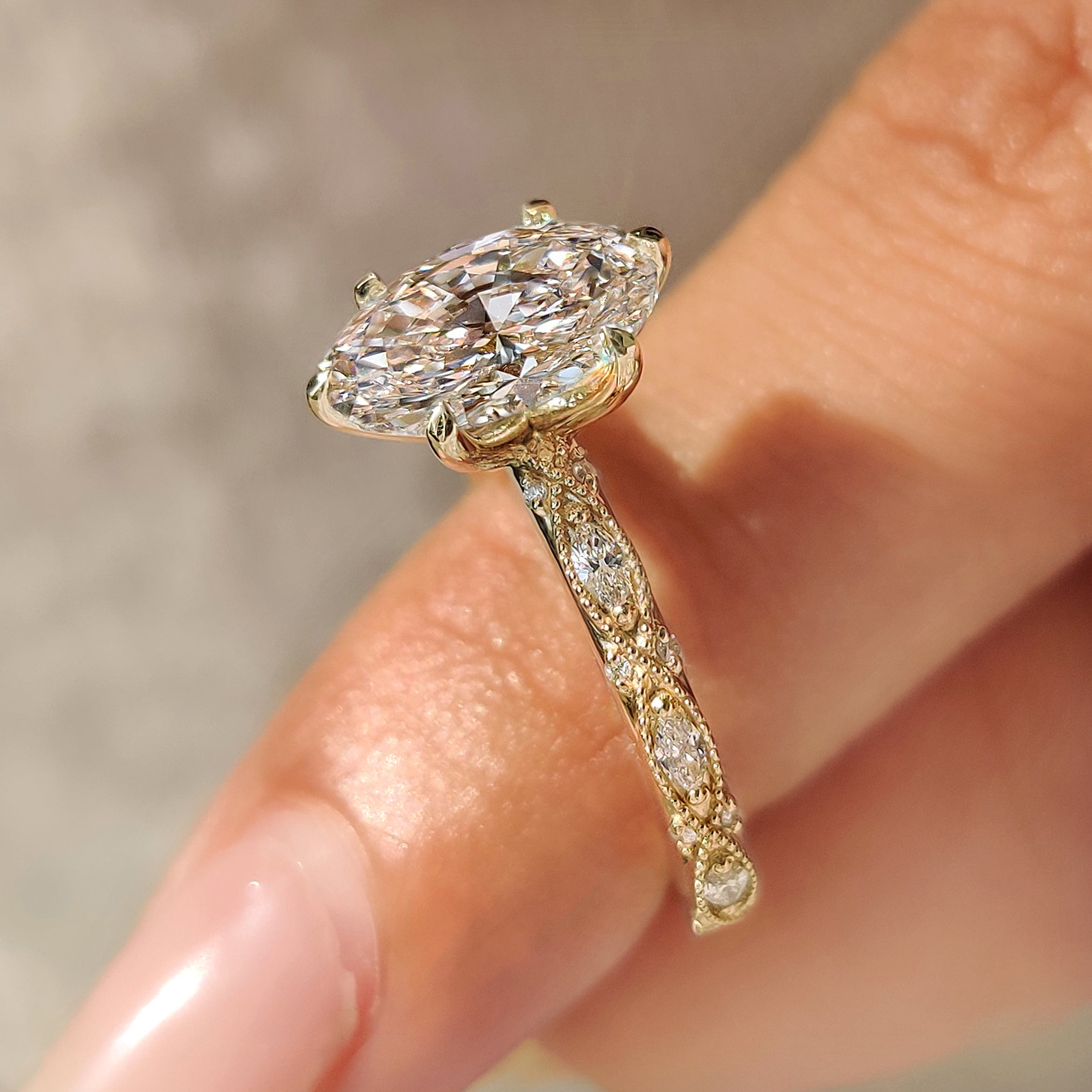 IGI certified lab grown oval diamond with vintage detailing

