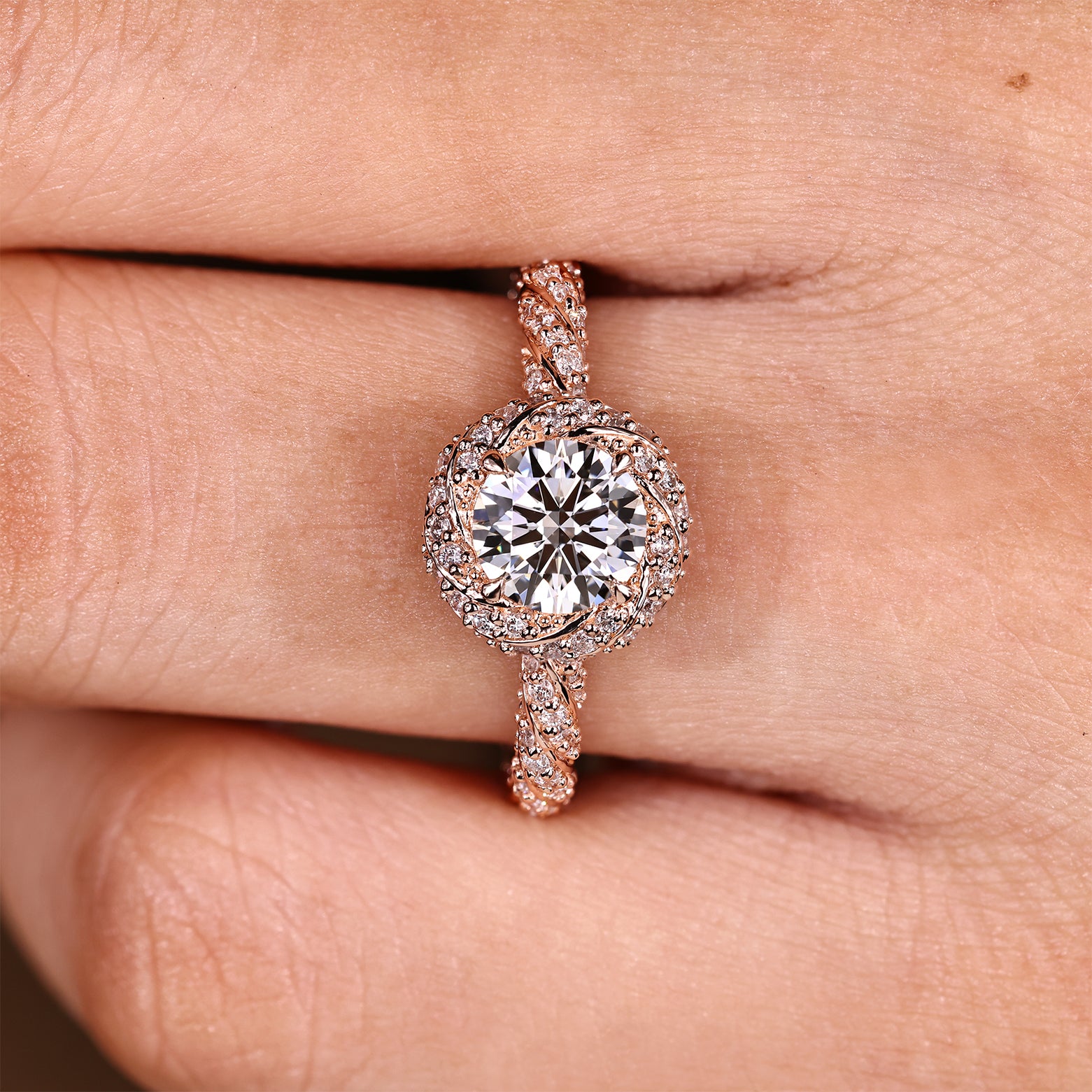 Lab grown round diamond ring with halo and pave setting
