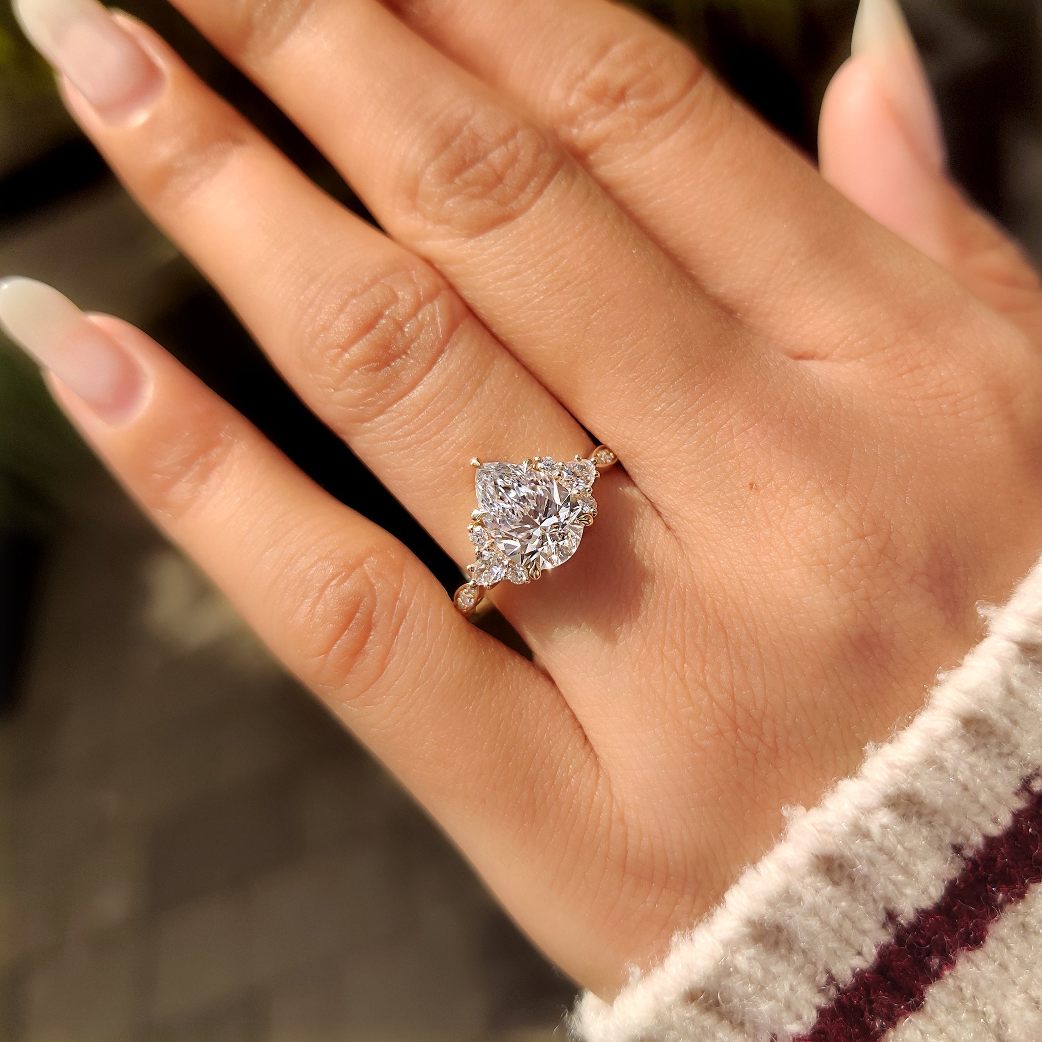 Handmade pear diamond ring with muse setting.
