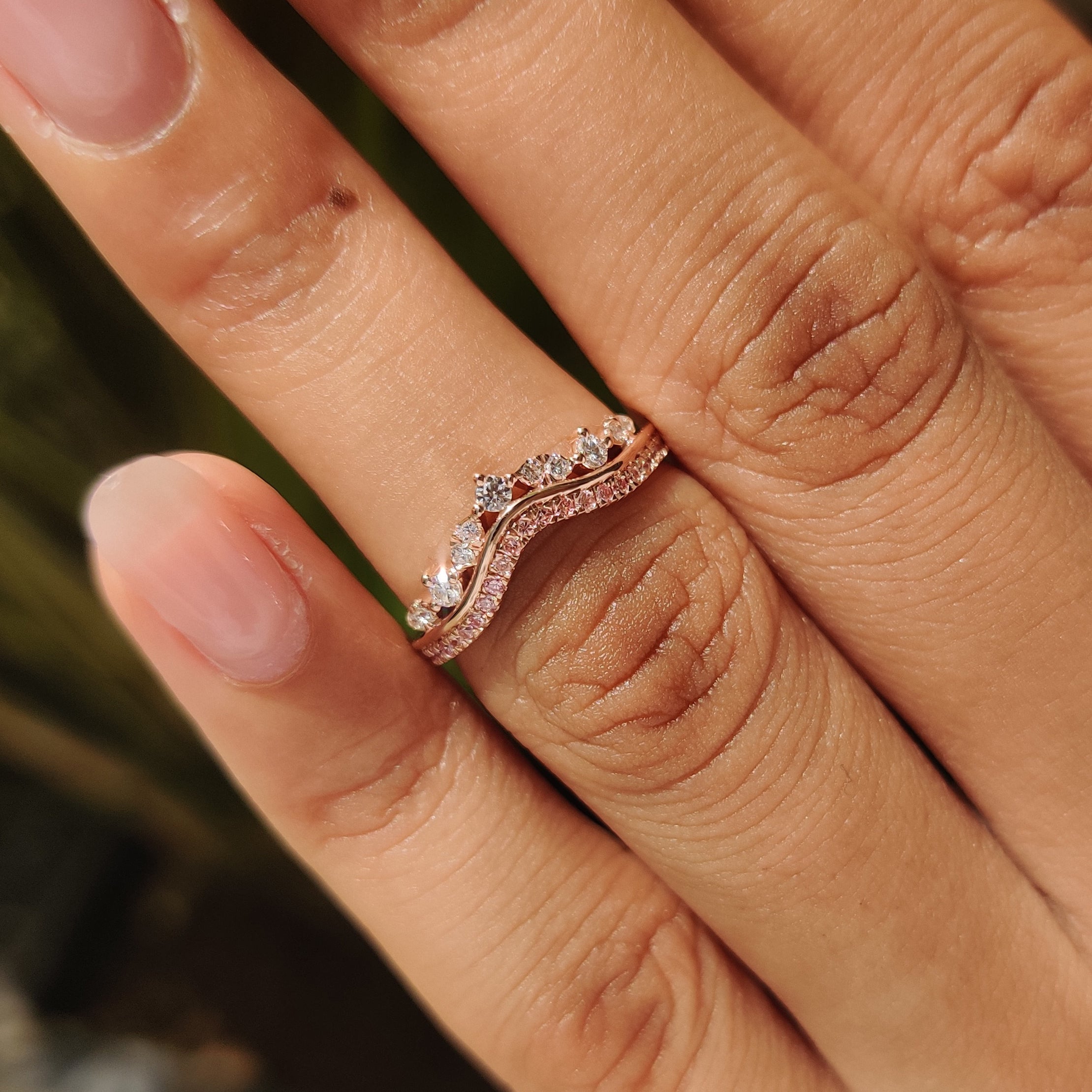 Pink and round diamond tiara wedding band handmade design
