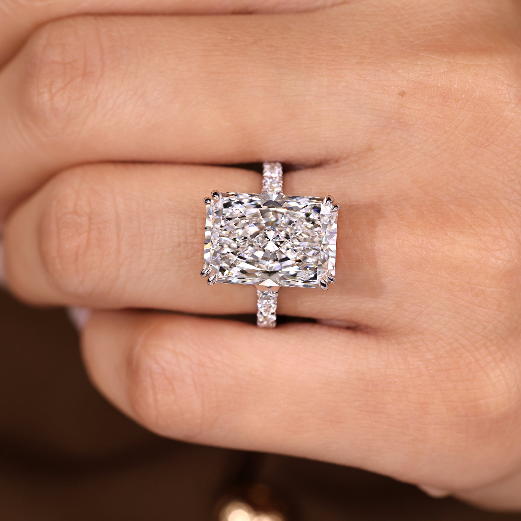 Lab grown radiant cut diamond ring with double claw prong
