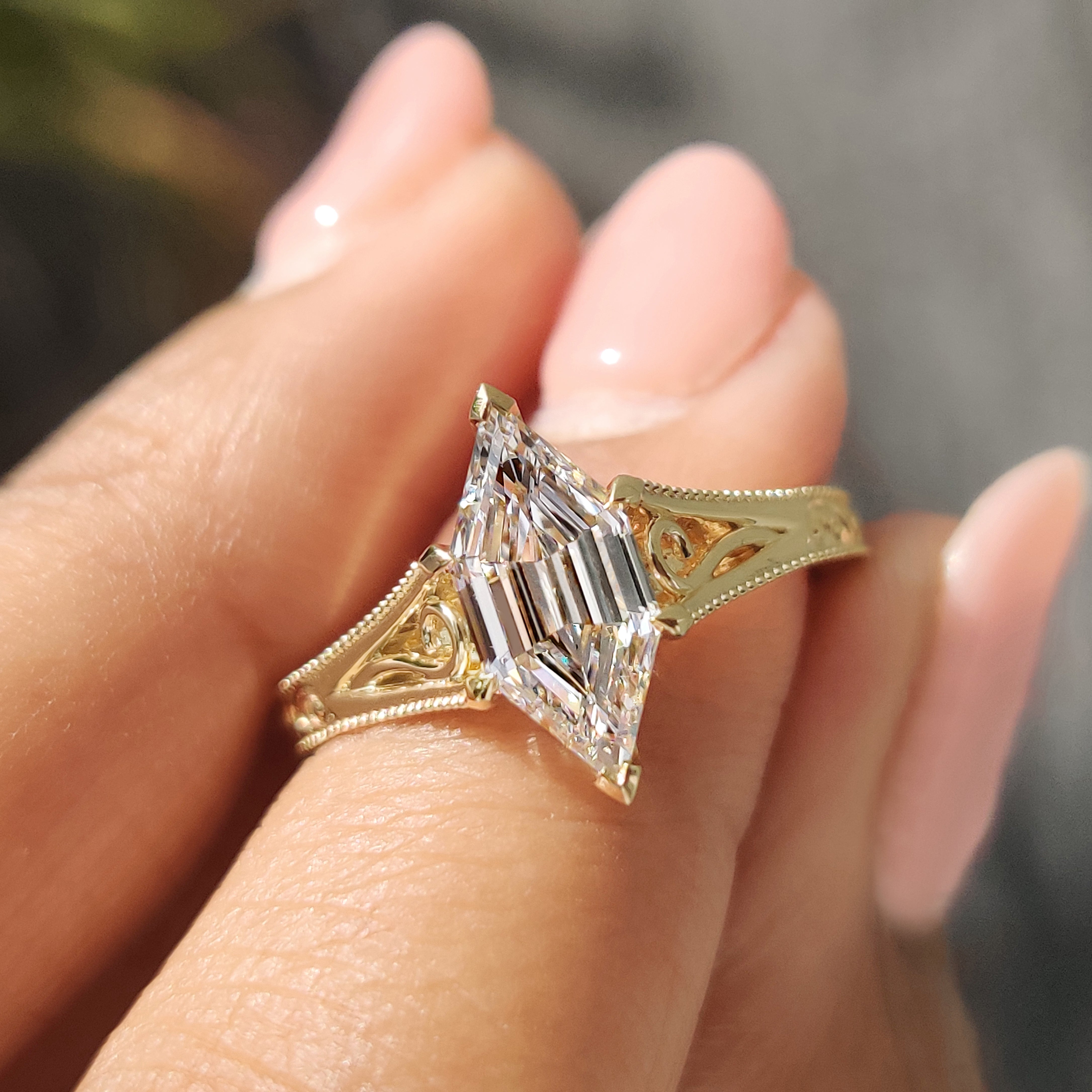 Handmade hexagon diamond ring with milgrain and V prongs
