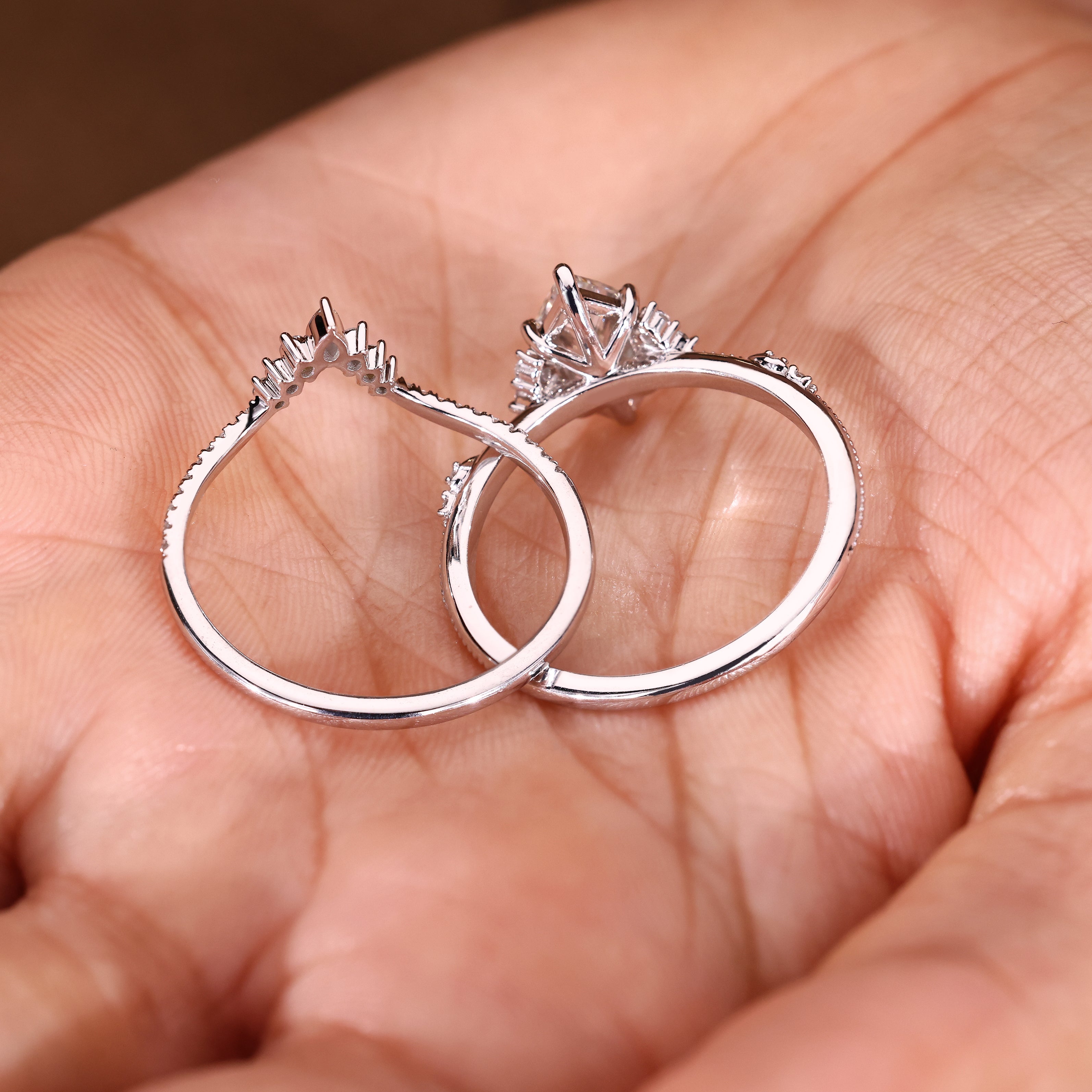 Dutch marquise diamond engagement ring with matching curved band
