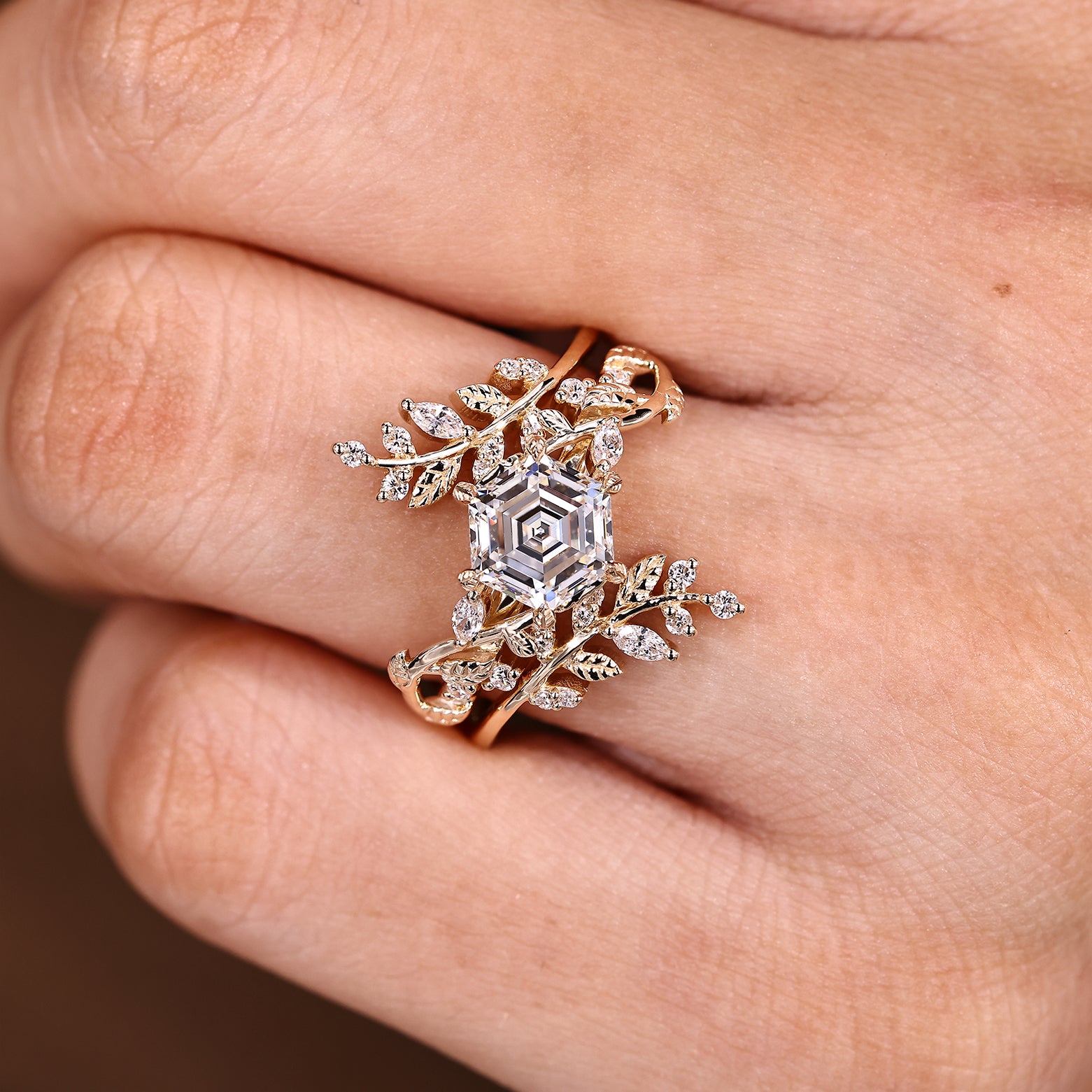 Hexagon center diamond ring with wrap guard band design
